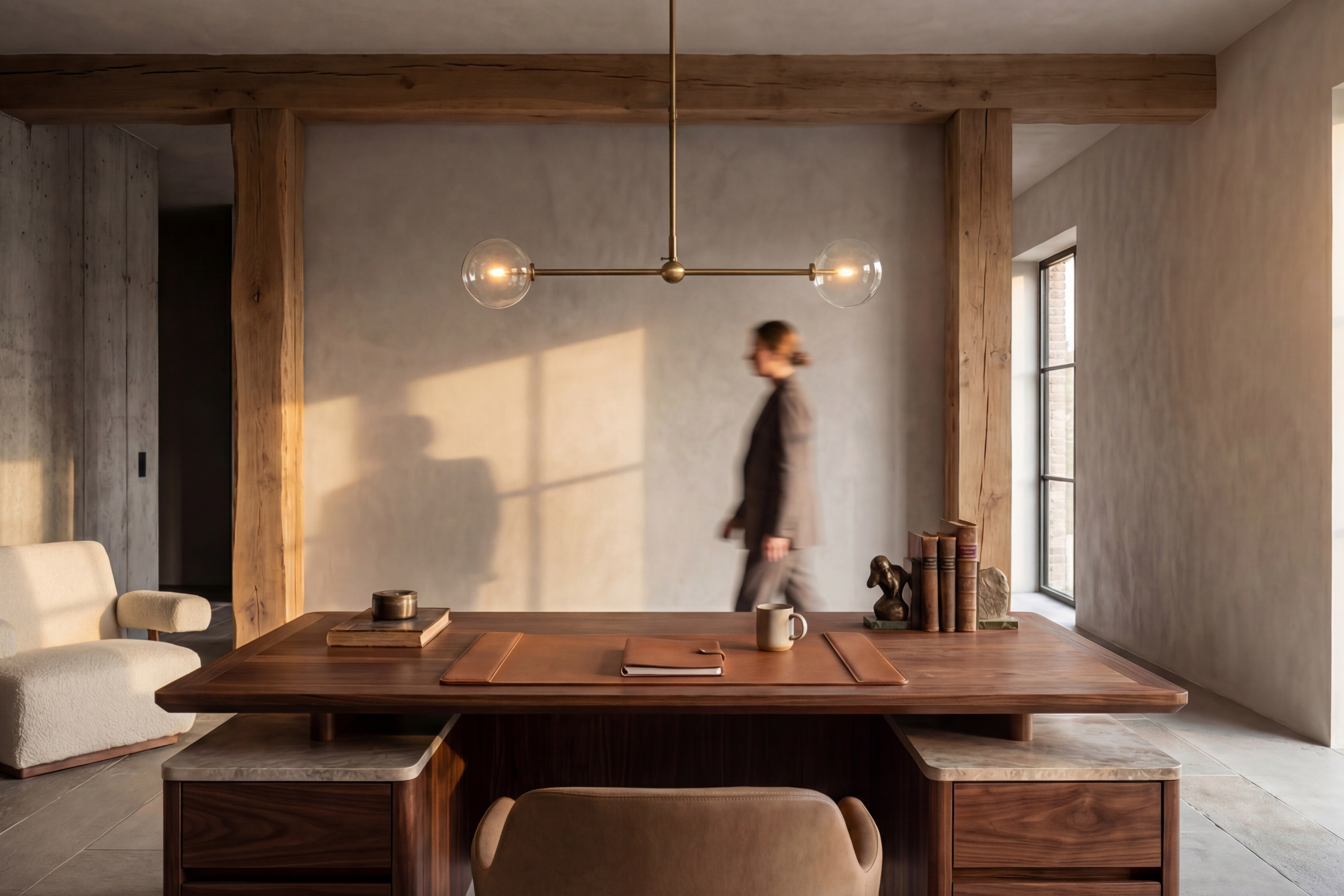 Schwung handcrafted brass linear pendant light with clear glass globes above a walnut desk in a contemporary home office featuring exposed timber beams and warm natural light.