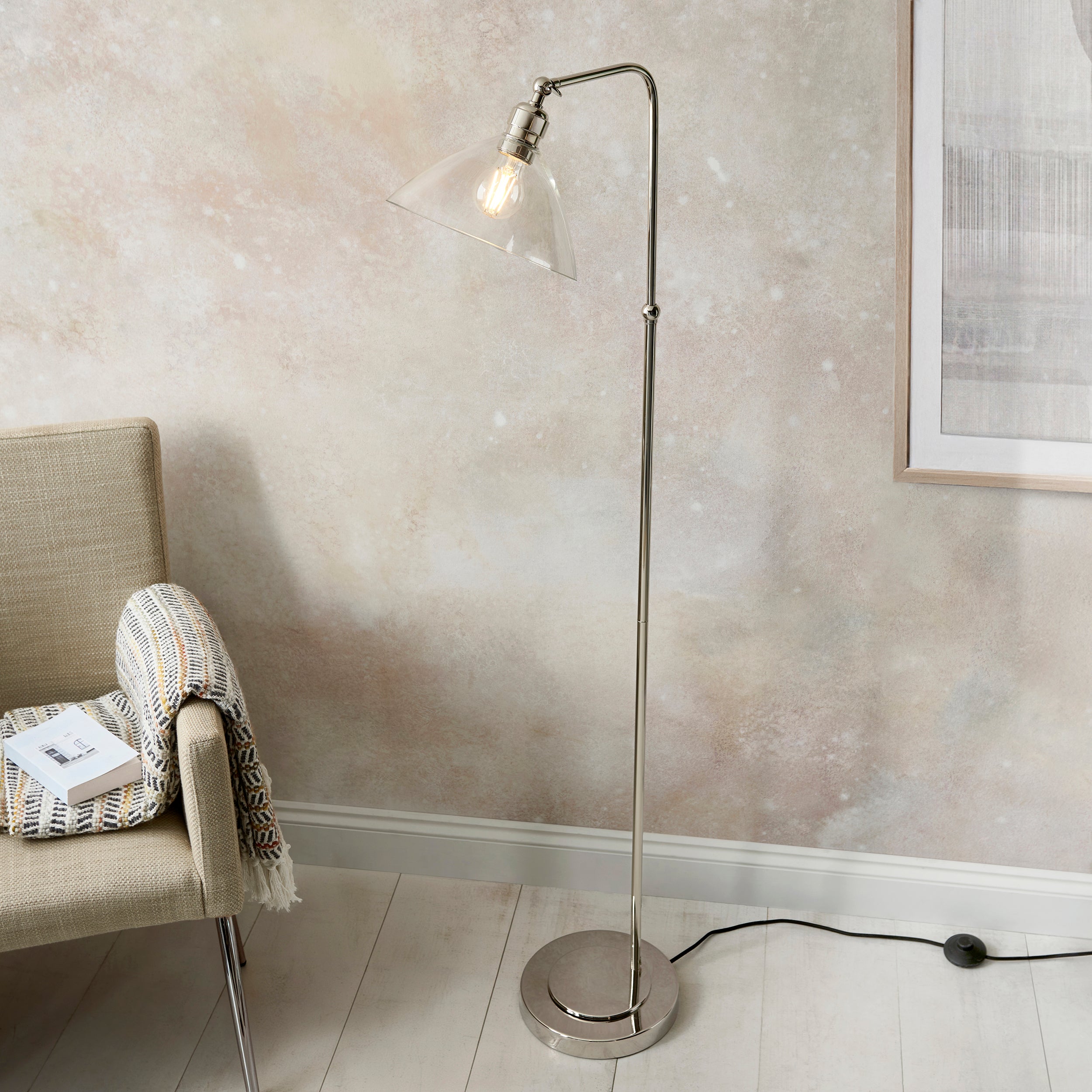 Utopia Diner Single Floor Lamp - Bright Nickel & Clear Glass