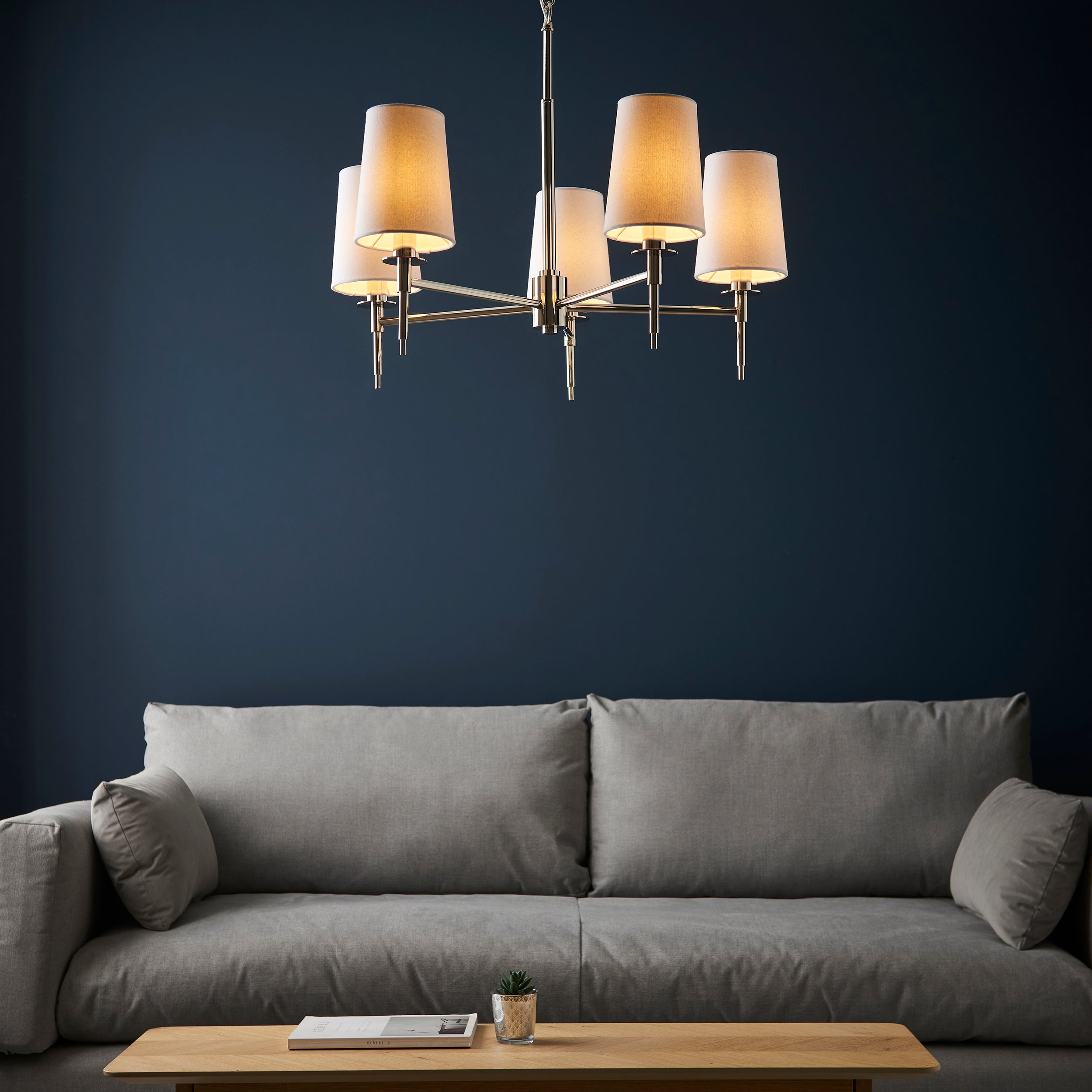 Utopia Eton 5 Light Multi Arm Pendant - Bright Nickel & Tapered Shades