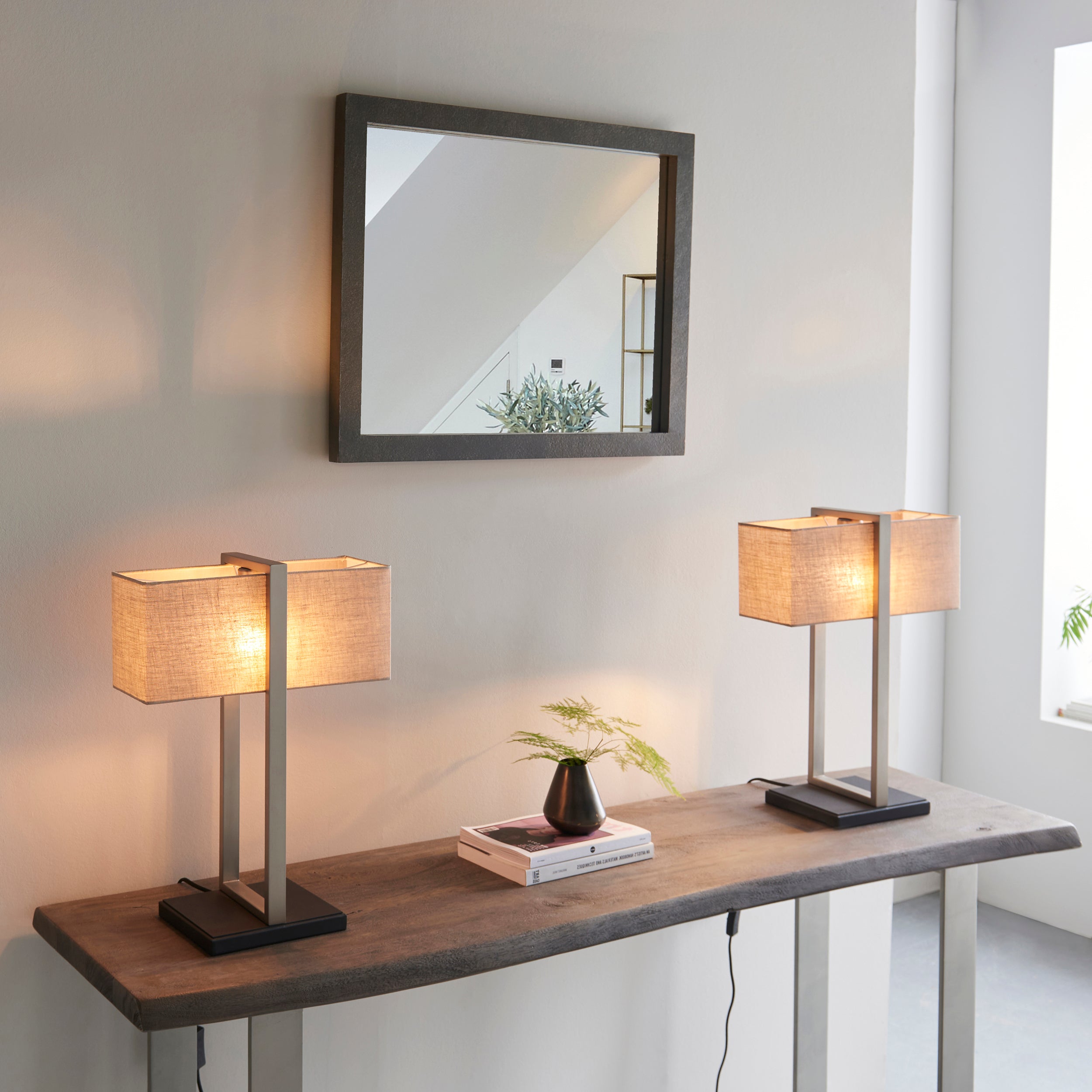 Utopia Oblong Table Lamp - Satin Nickel And Natural Shade