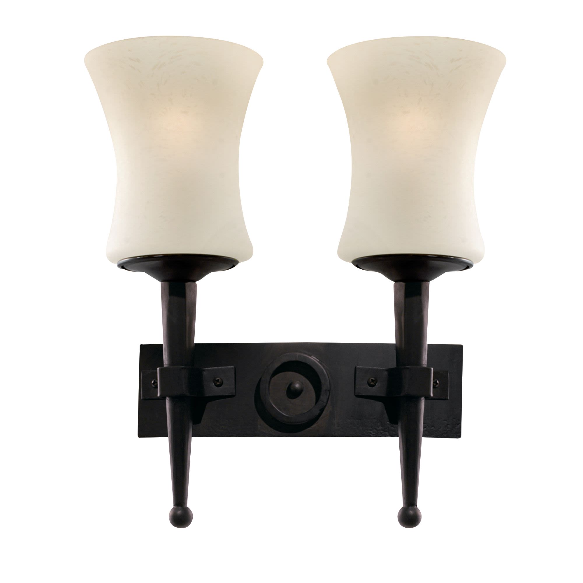 Searchlight Cartwheel 2 light wall light in black wrought iron with two cream sanded glass tulip shades, studio shot
