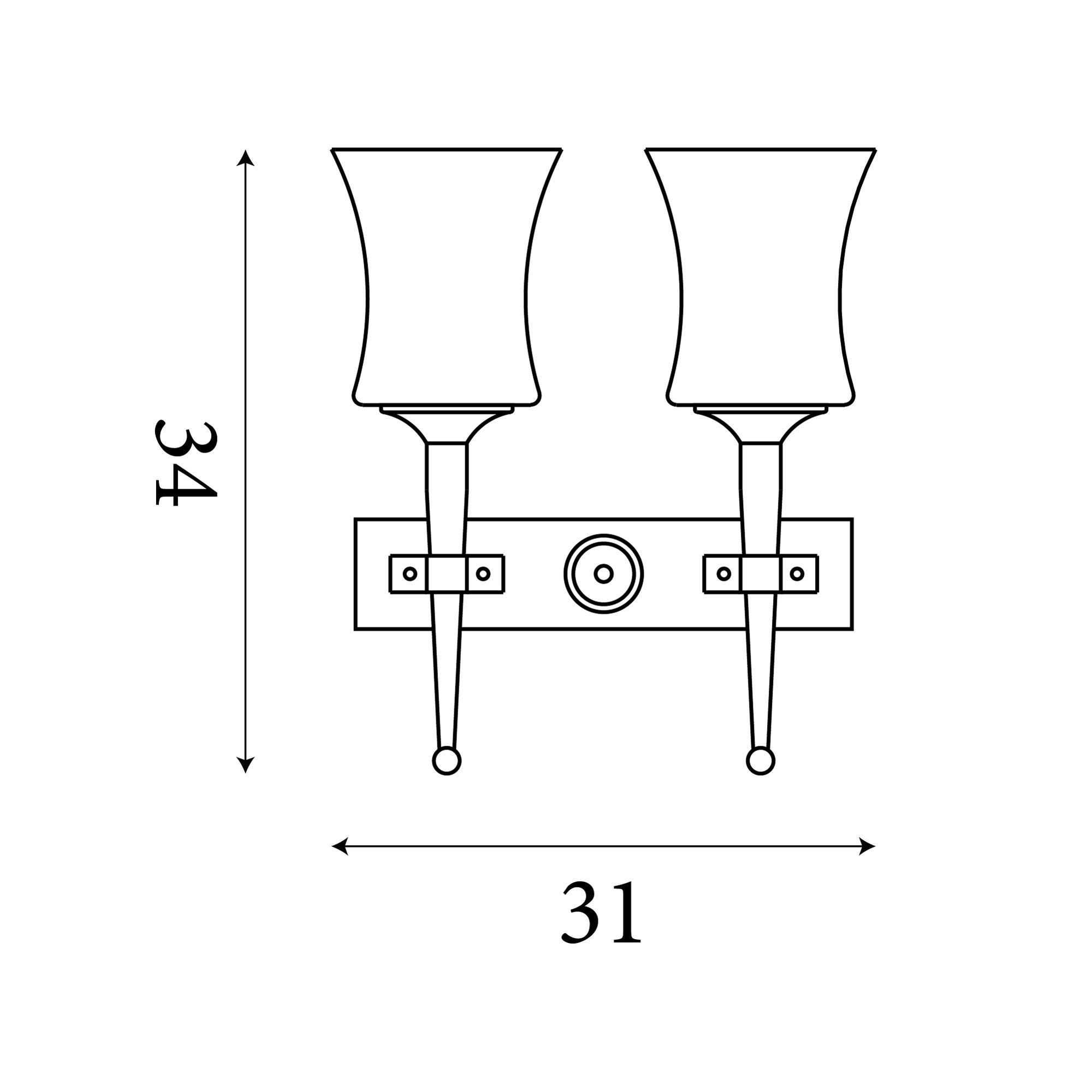 Searchlight Cartwheel 2 light wall light technical line drawing showing 31cm width and 34cm height