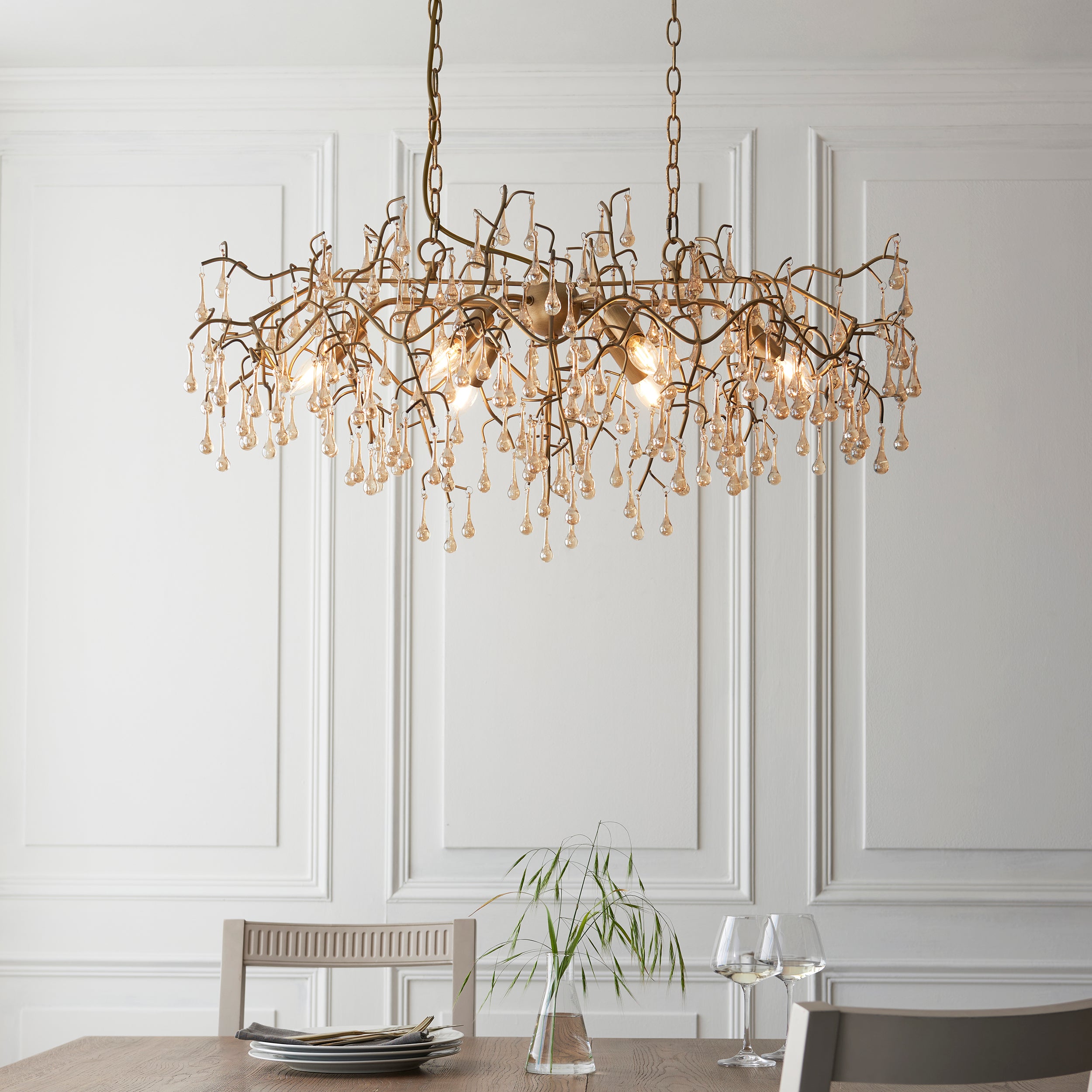 Utopia Drip 6 Light Linear Chandelier - Aged Gold Paint & Champagne Lustre Glass
