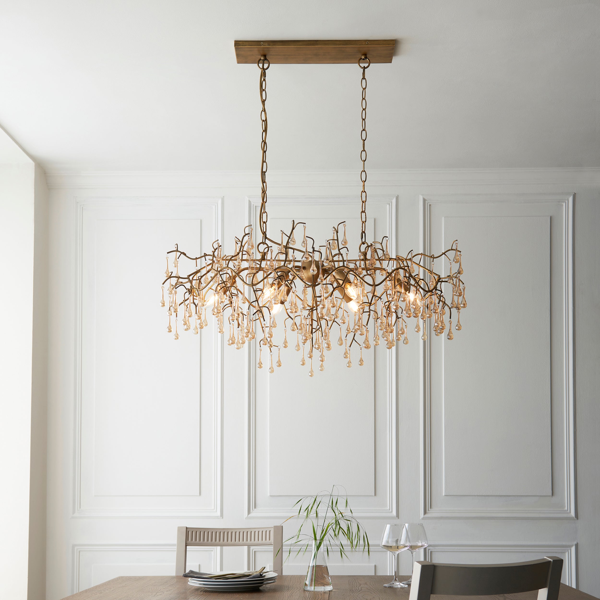 Utopia Drip 6 Light Linear Chandelier - Aged Gold Paint & Champagne Lustre Glass