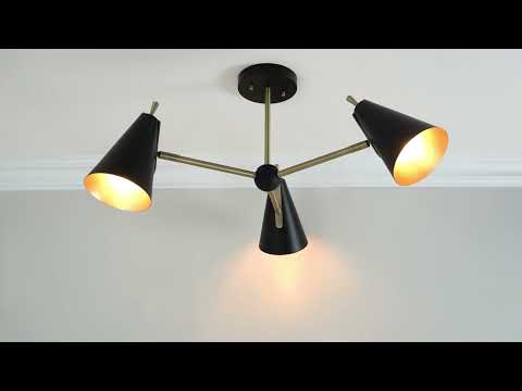 Utopia Horn Mid Century 3 Light Semi Flush - Matt Antique Gold & Matt Black