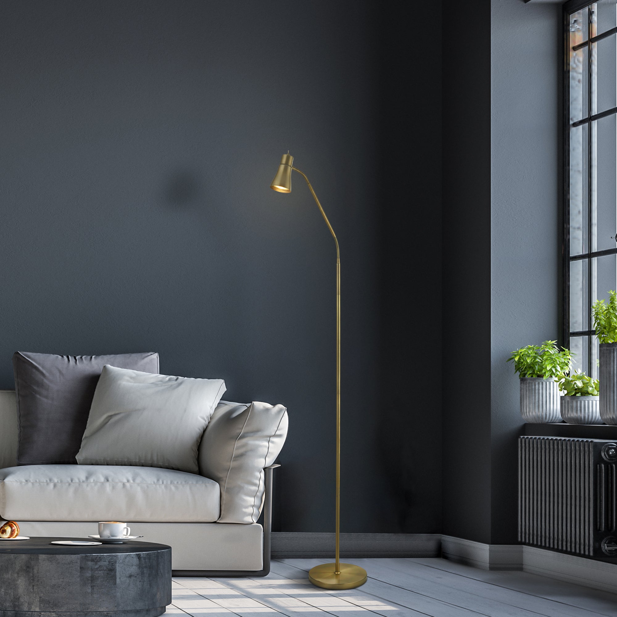 Searchlight Firdale, Floor Lamp Single With Flexi Head, Antique Brass