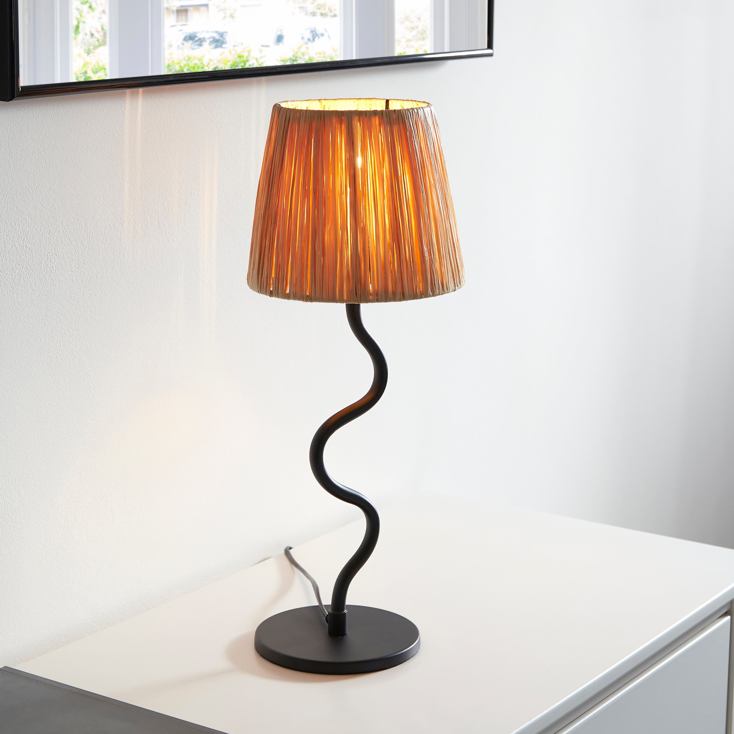 Endon Wriggle Table Lamp - Matt Black & Natural Raffia Tapered Shade