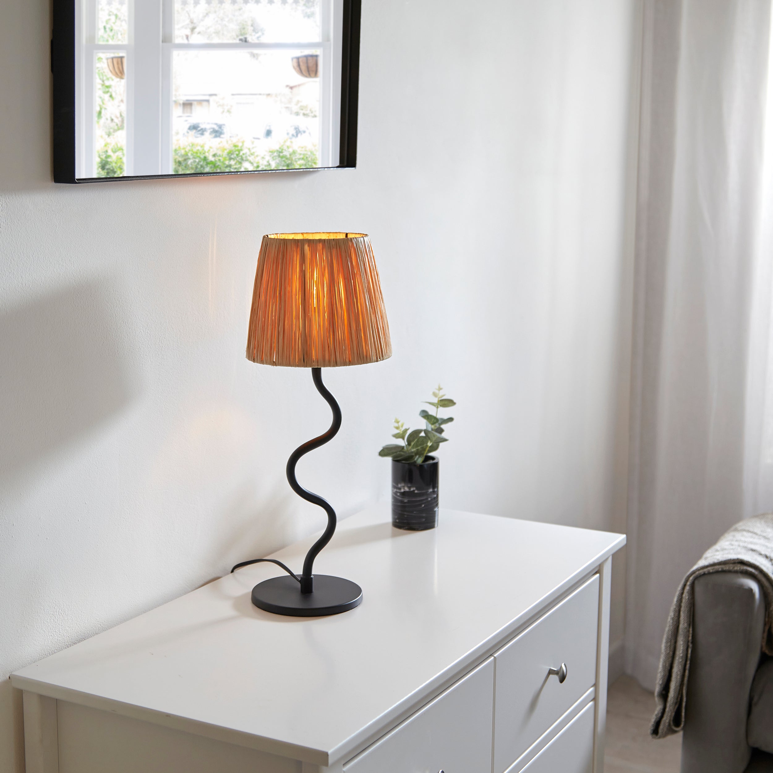 Endon Wriggle Table Lamp - Matt Black & Natural Raffia Tapered Shade