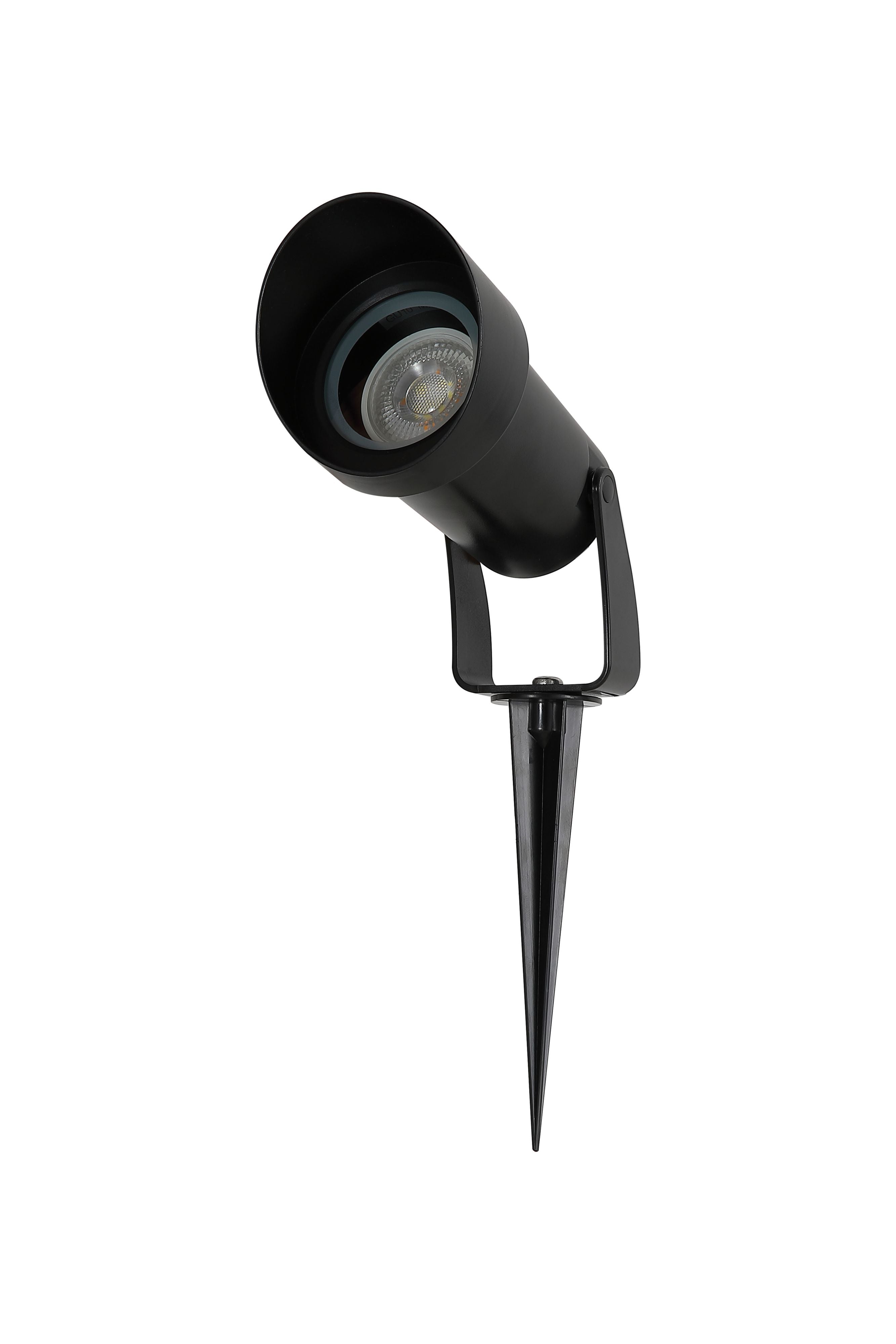 Close up of the Searchlight Spike Outdoor Light head showing the lit GU10 bulb and gold toned interior reflector