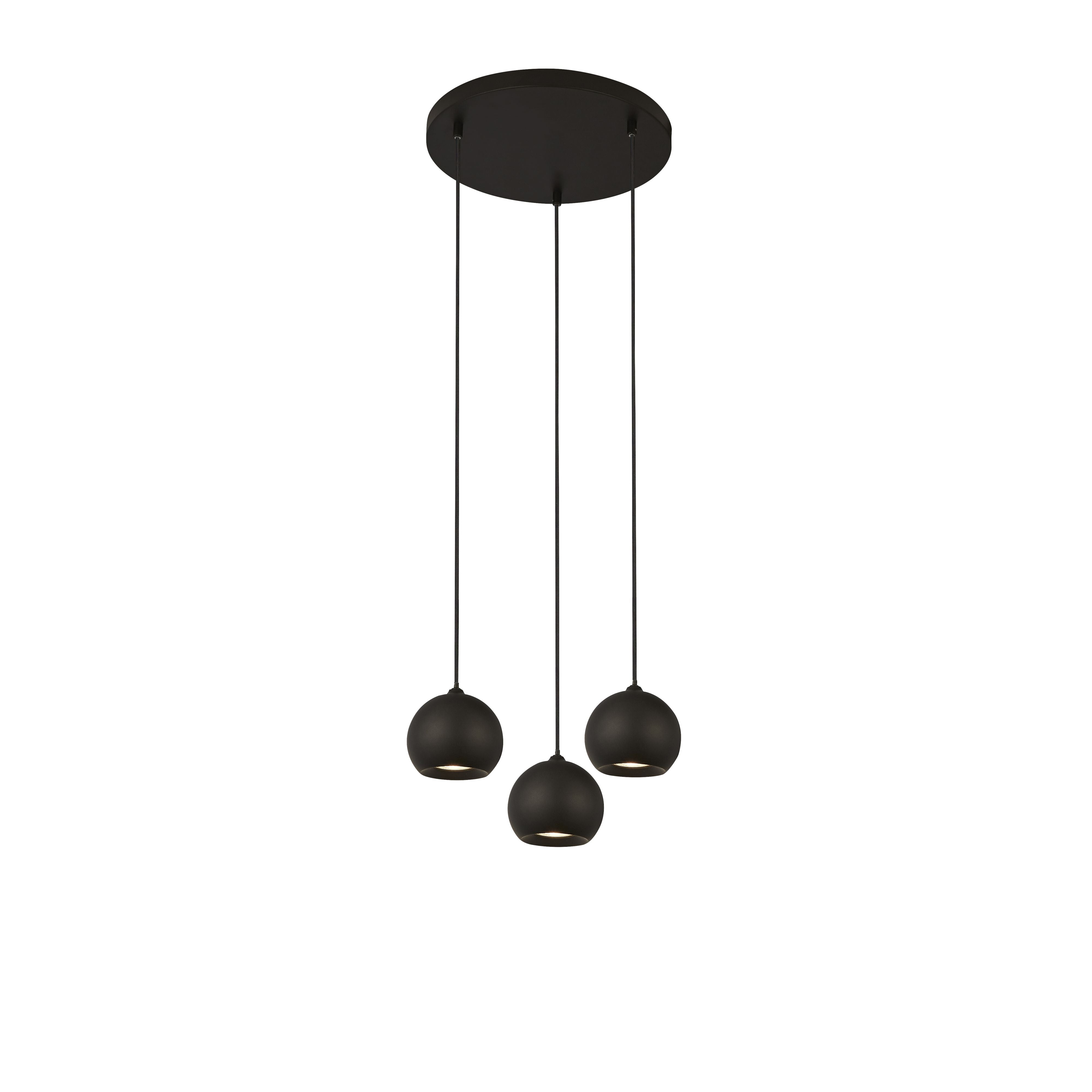 Searchlight Eindhoven 3 Light Pendant in sand black, front view on a plain white background showing three round ball shades on cables from a round ceiling rose