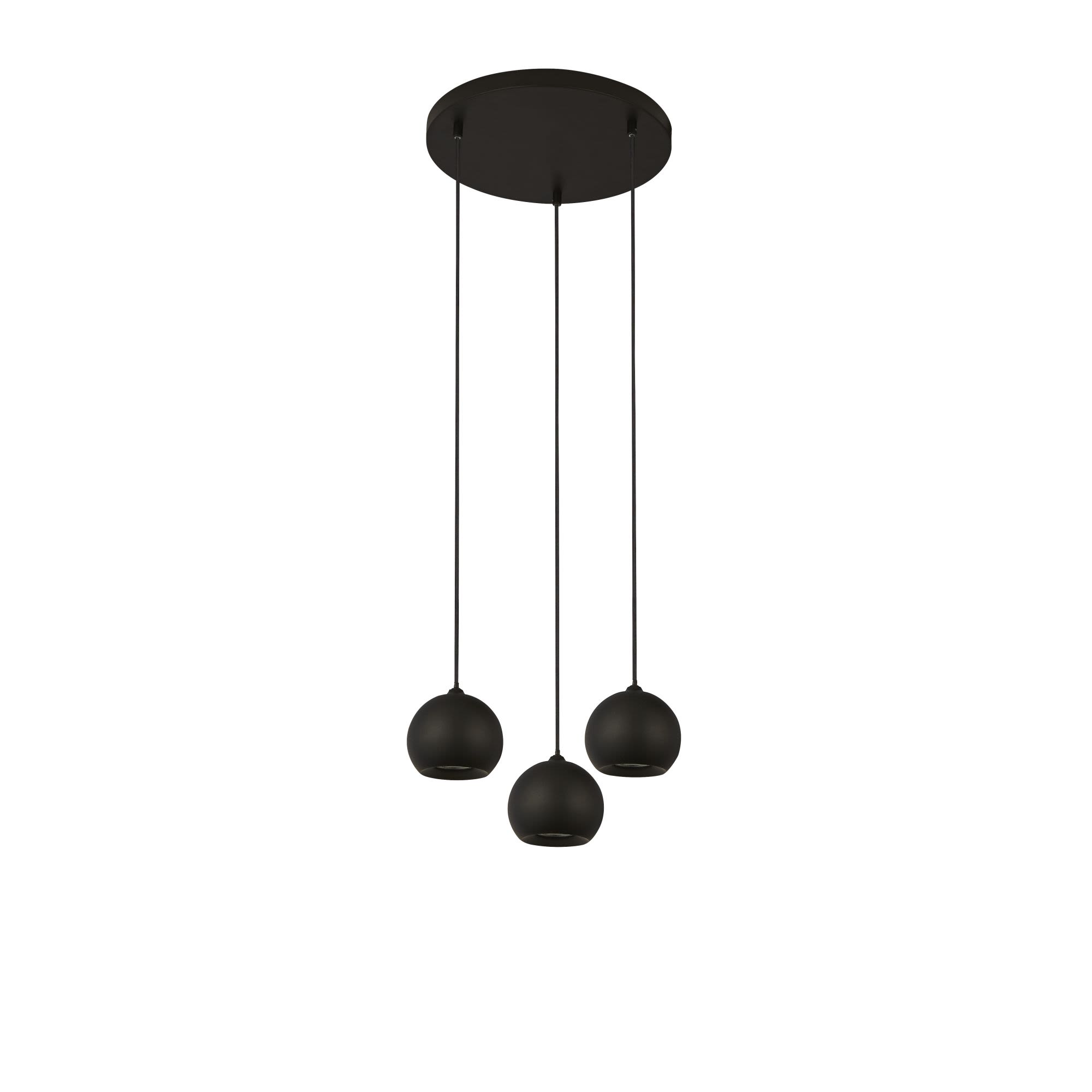 Searchlight Eindhoven 3 Light Pendant in sand black, angled view on a plain white background showing the three round ball shades