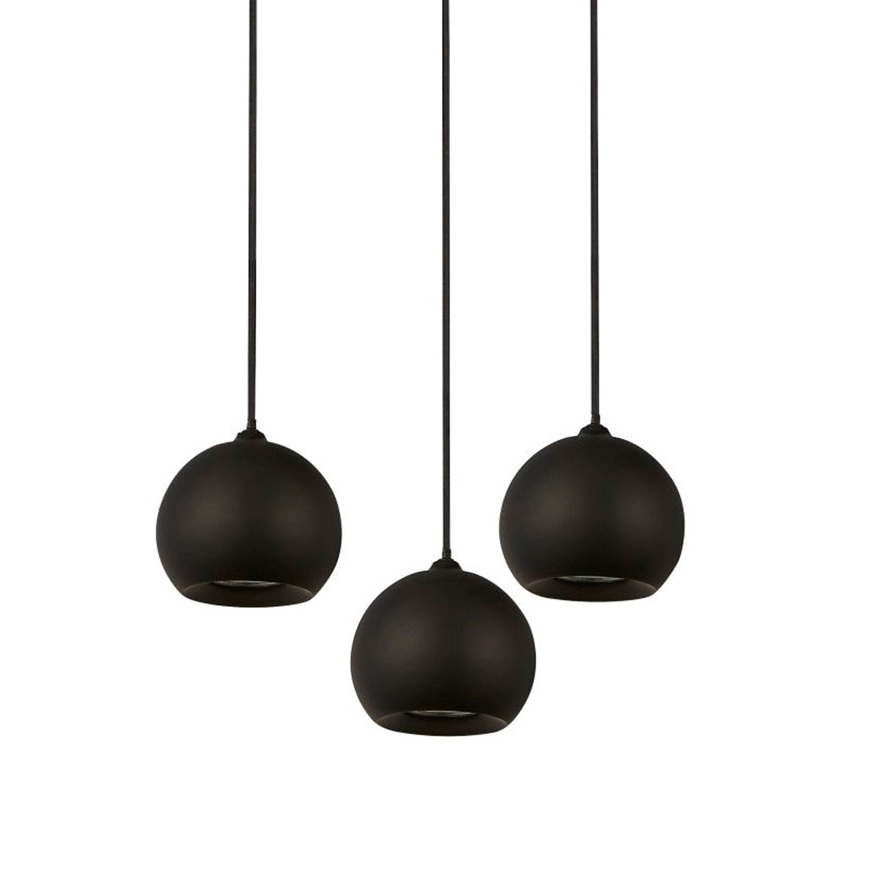 Close up from below of the three round sand black shades on the Searchlight Eindhoven 3 Light Pendant, showing the open base where the bulb sits