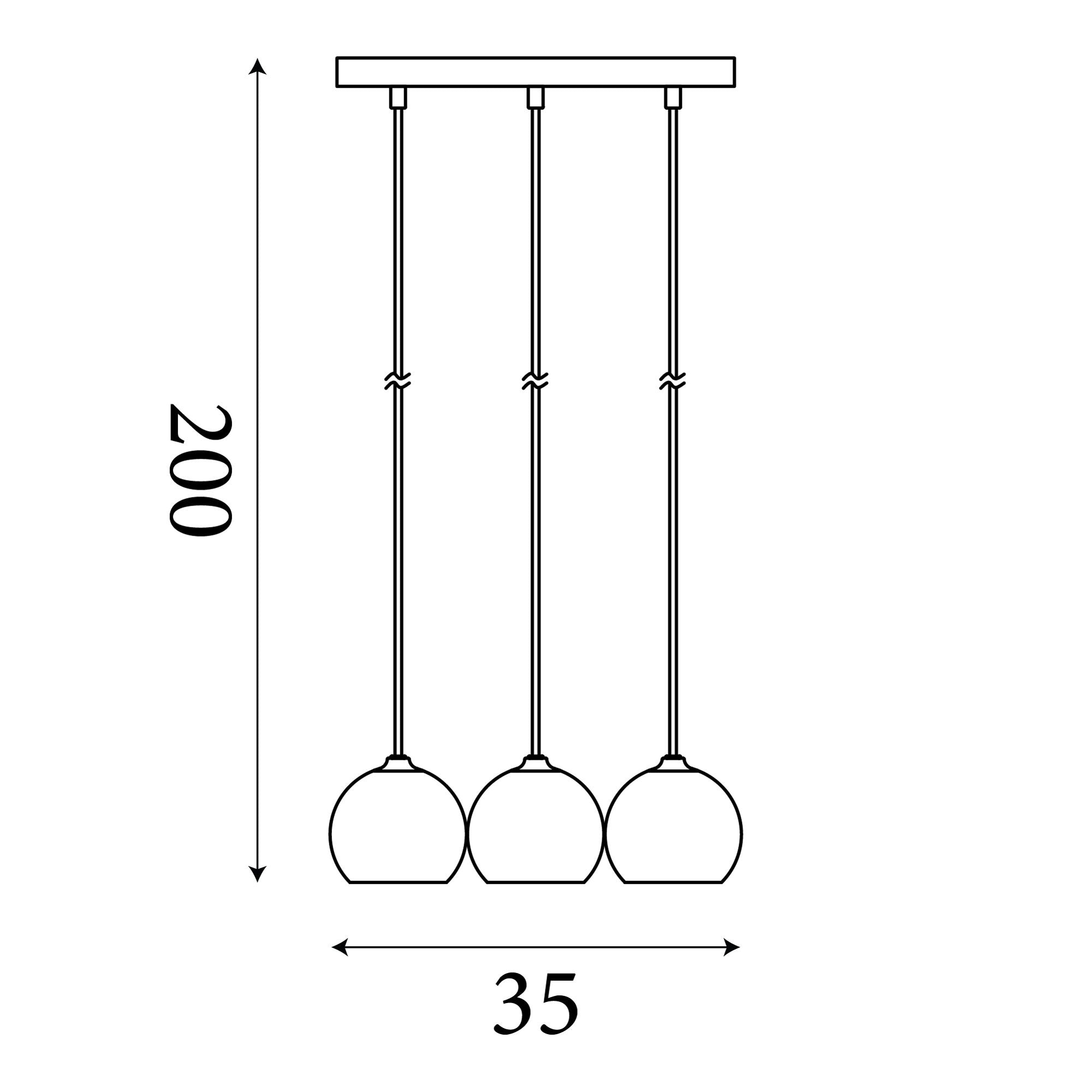 Technical dimension diagram of the Searchlight Eindhoven 3 Light Pendant showing 200cm drop and 35cm spread