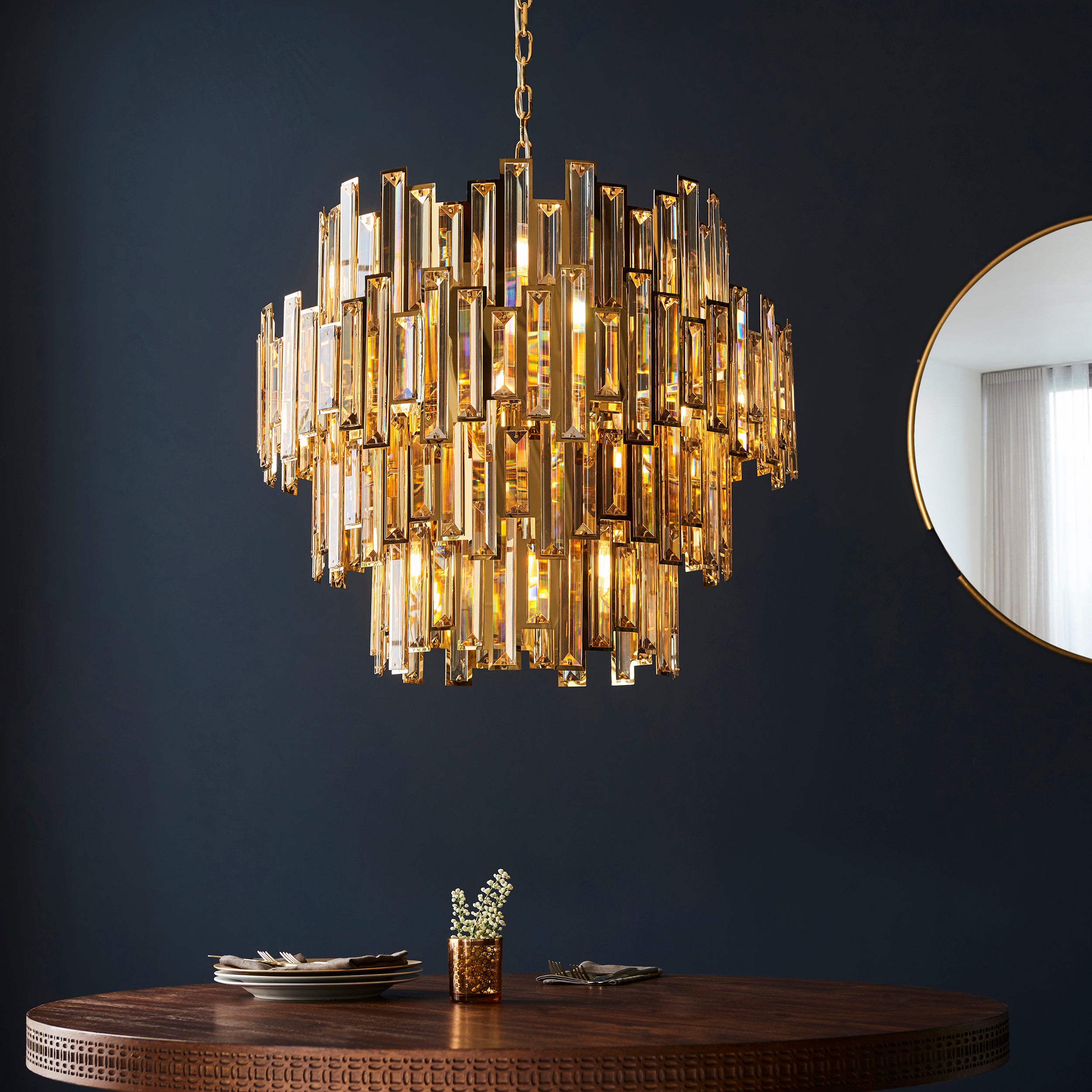 Endon Viviana 15 Light Ceiling Pendant - Champagne Crystal & Gold Plate Effect