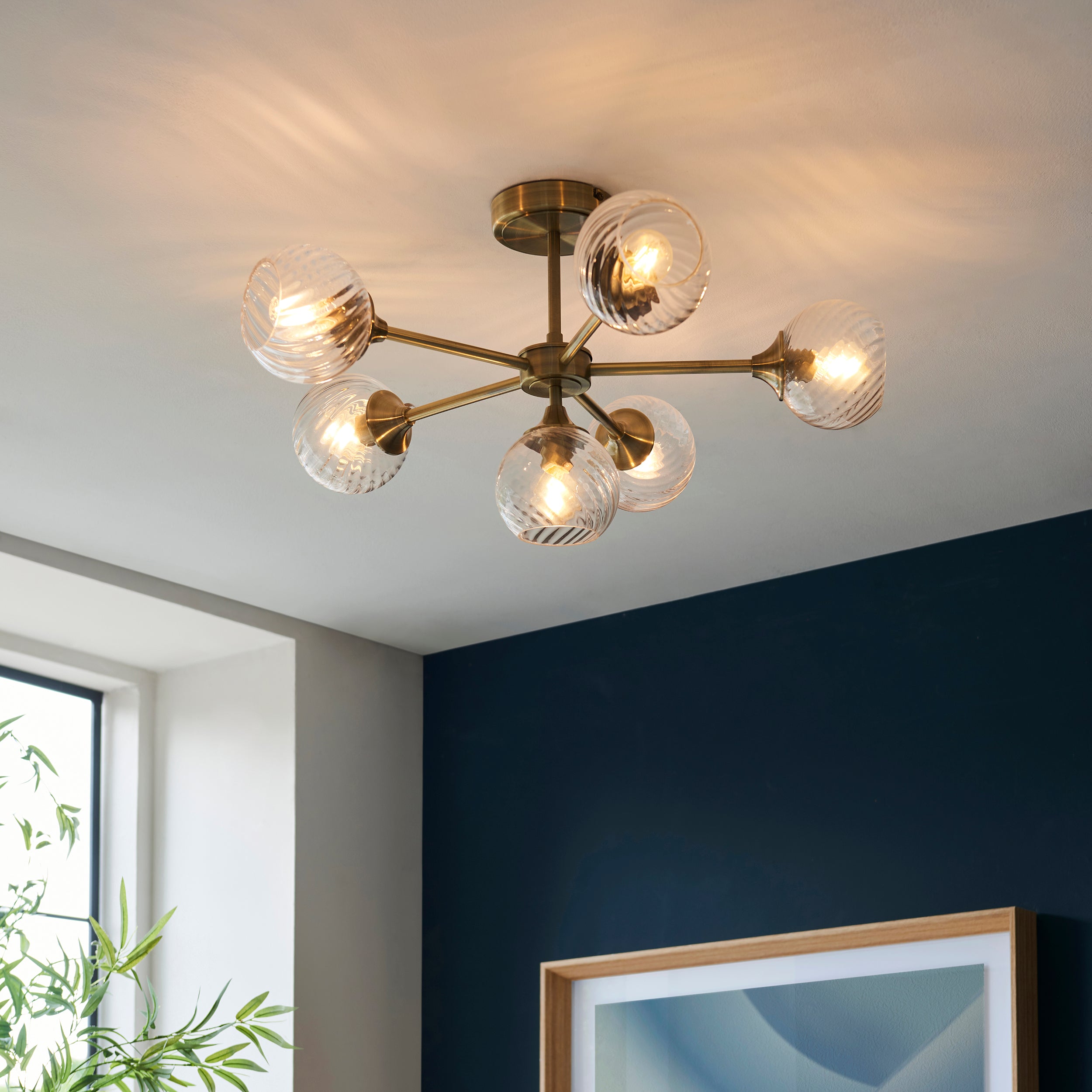 Endon Allegra 6 Light Semi-Flush Fitting - Antique Brass Plate & Clear Spiral Glass