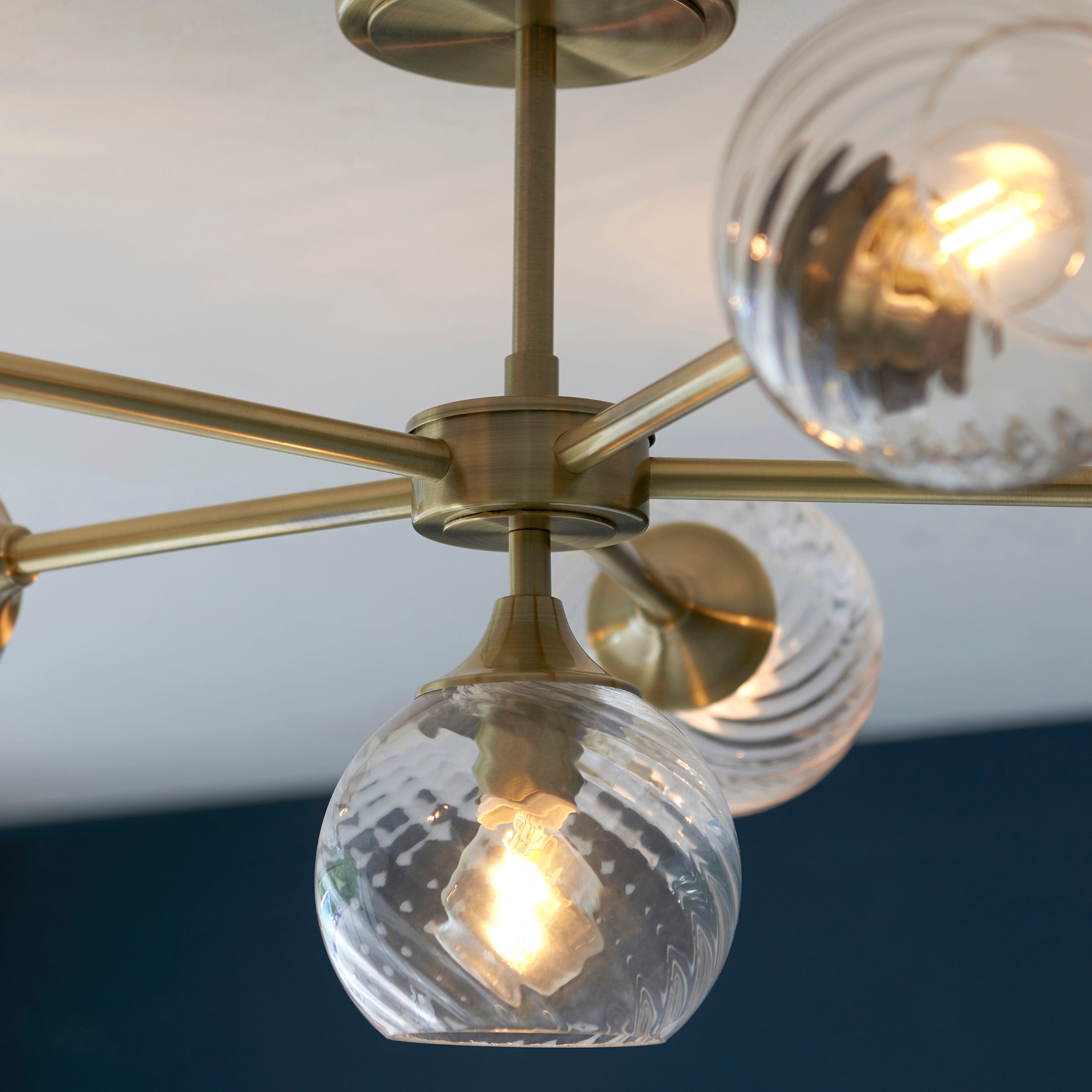 Endon Allegra 6 Light Semi-Flush Fitting - Antique Brass Plate & Clear Spiral Glass