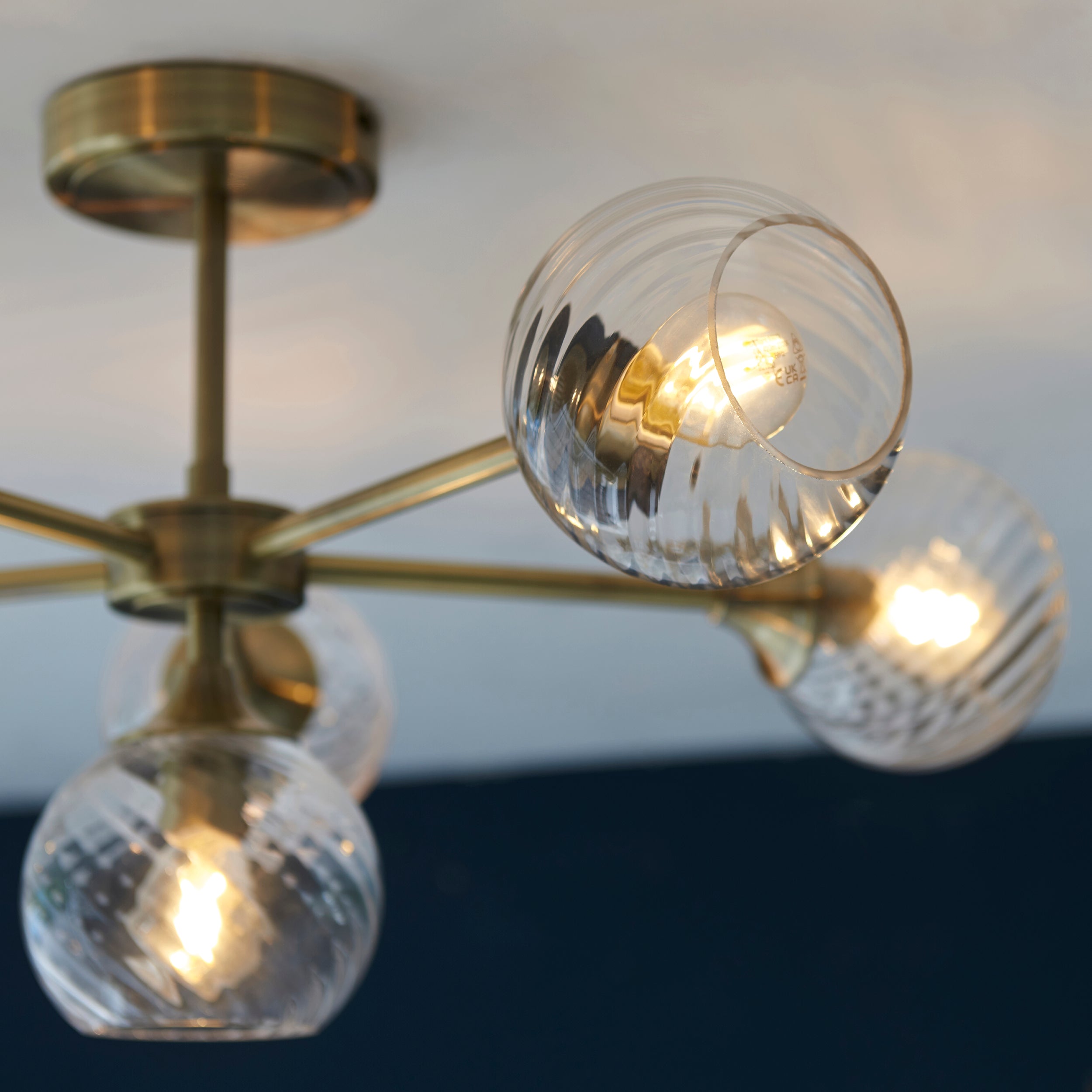 Endon Allegra 6 Light Semi-Flush Fitting - Antique Brass Plate & Clear Spiral Glass