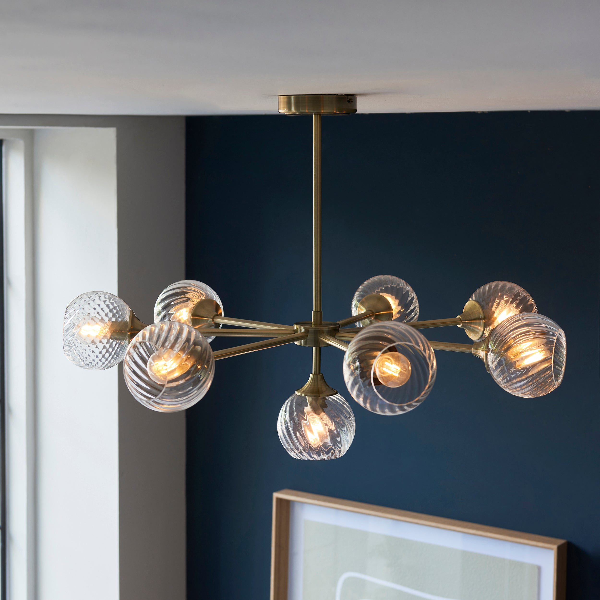 Endon Allegra 8 Light Pendant - Antique Brass Plate & Clear Spiral Glass