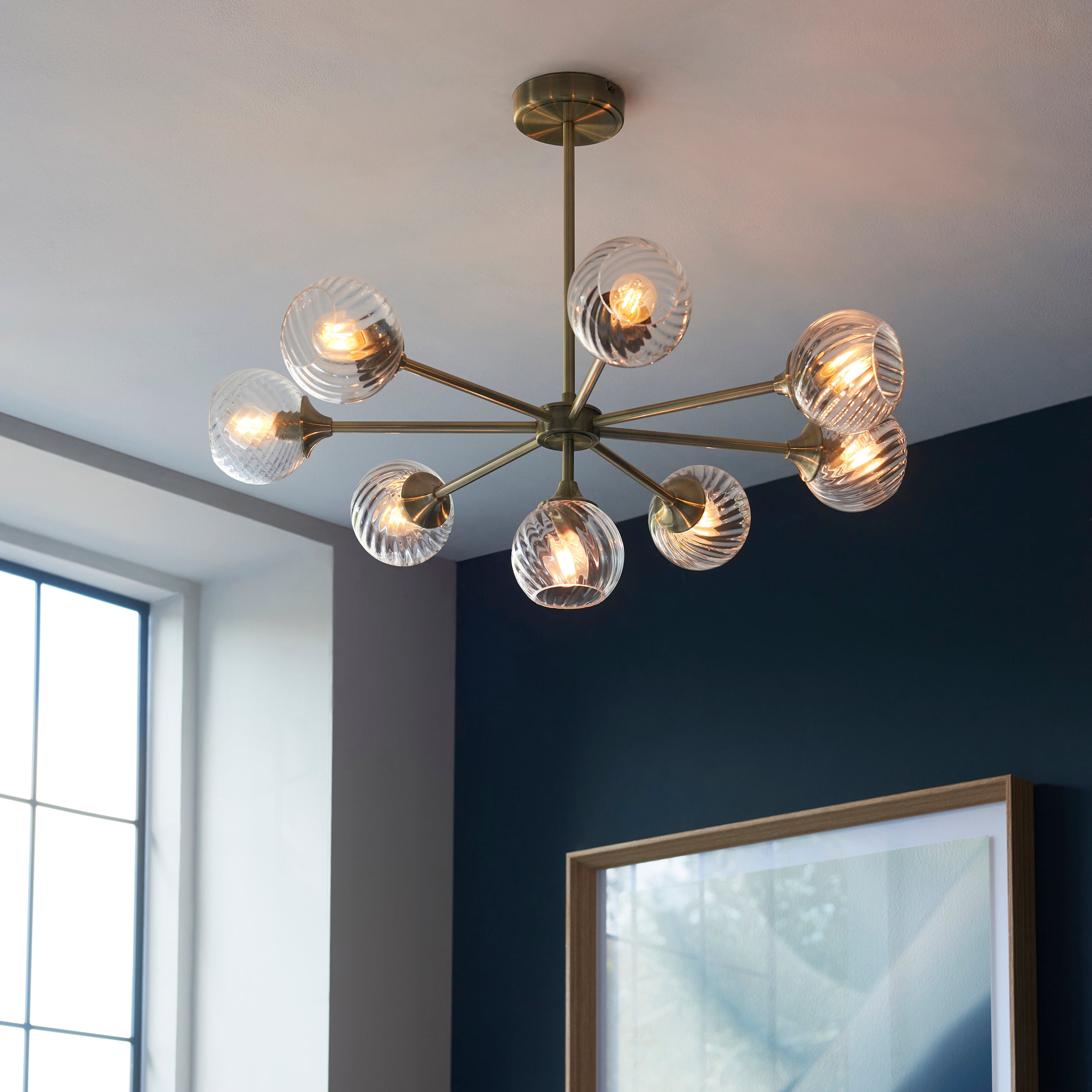 Endon Allegra 8 Light Pendant - Antique Brass Plate & Clear Spiral Glass