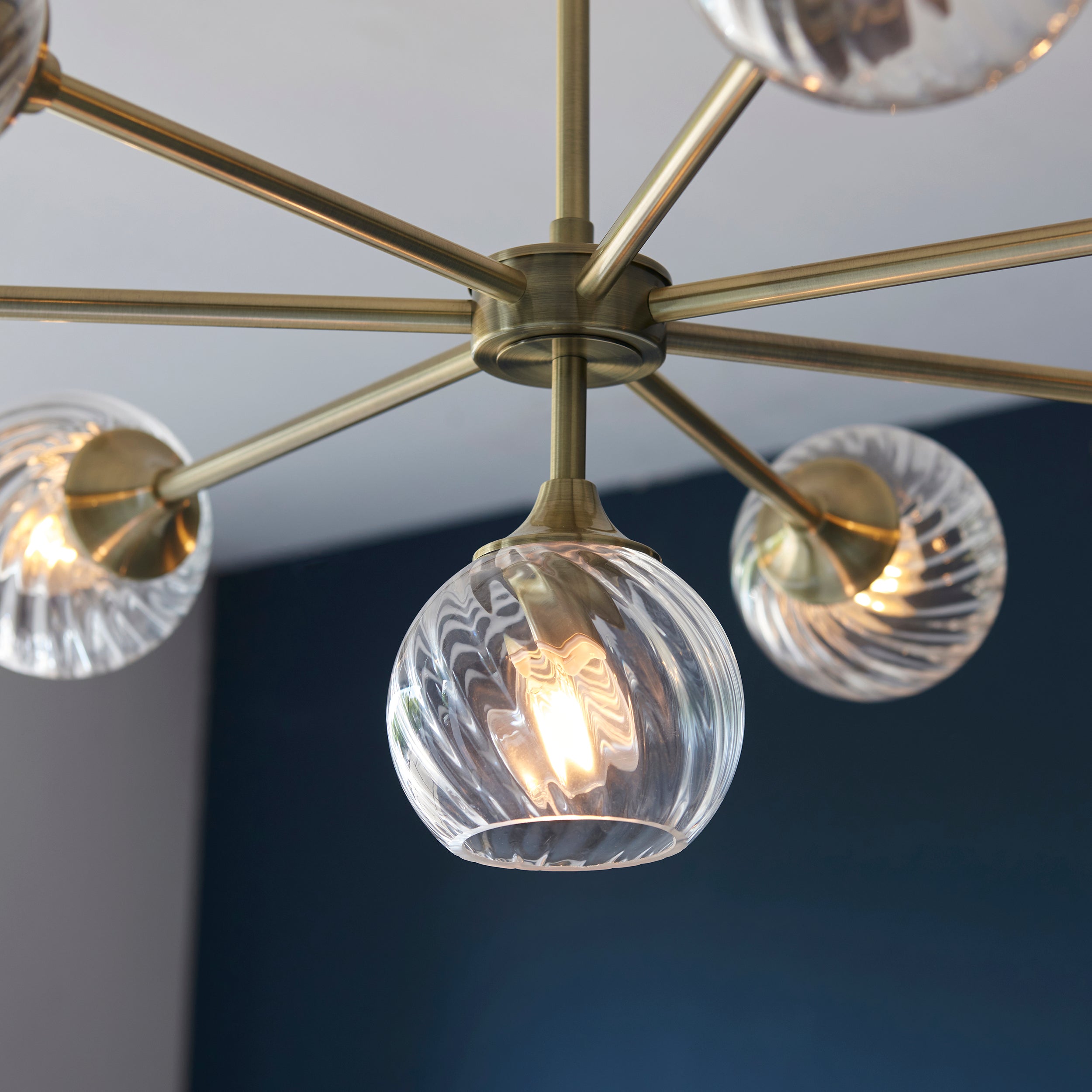Endon Allegra 8 Light Pendant - Antique Brass Plate & Clear Spiral Glass