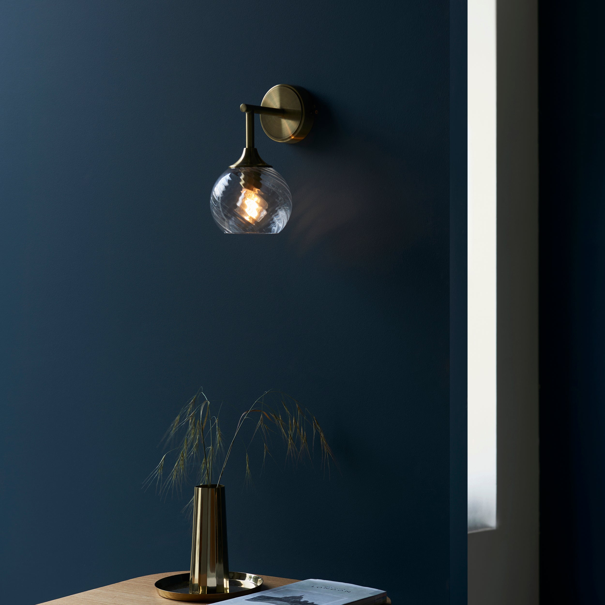 Endon Allegra Single Wall Light - Antique Brass Plate & Clear Spiral Glass