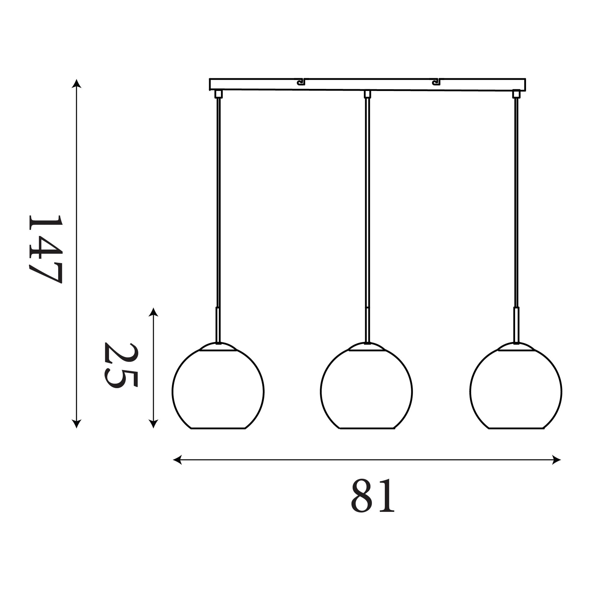 Technical line drawing of the Balls 3 Light Bar Pendant showing an 81cm bar length, 25cm globe diameter and 147cm maximum drop