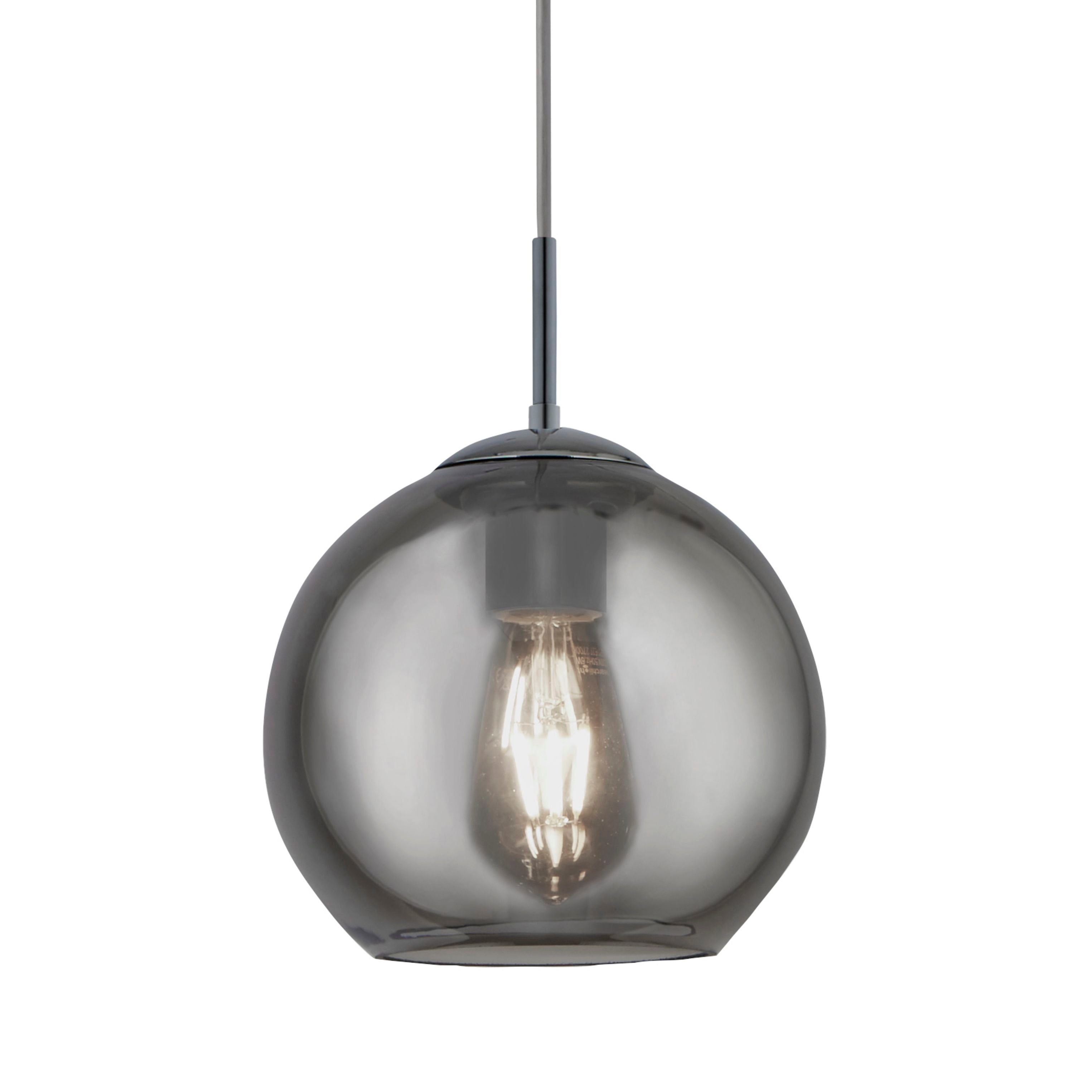Close up of one smoked glass globe shade on the Balls pendant, showing the chrome fitting and a lit filament bulb inside