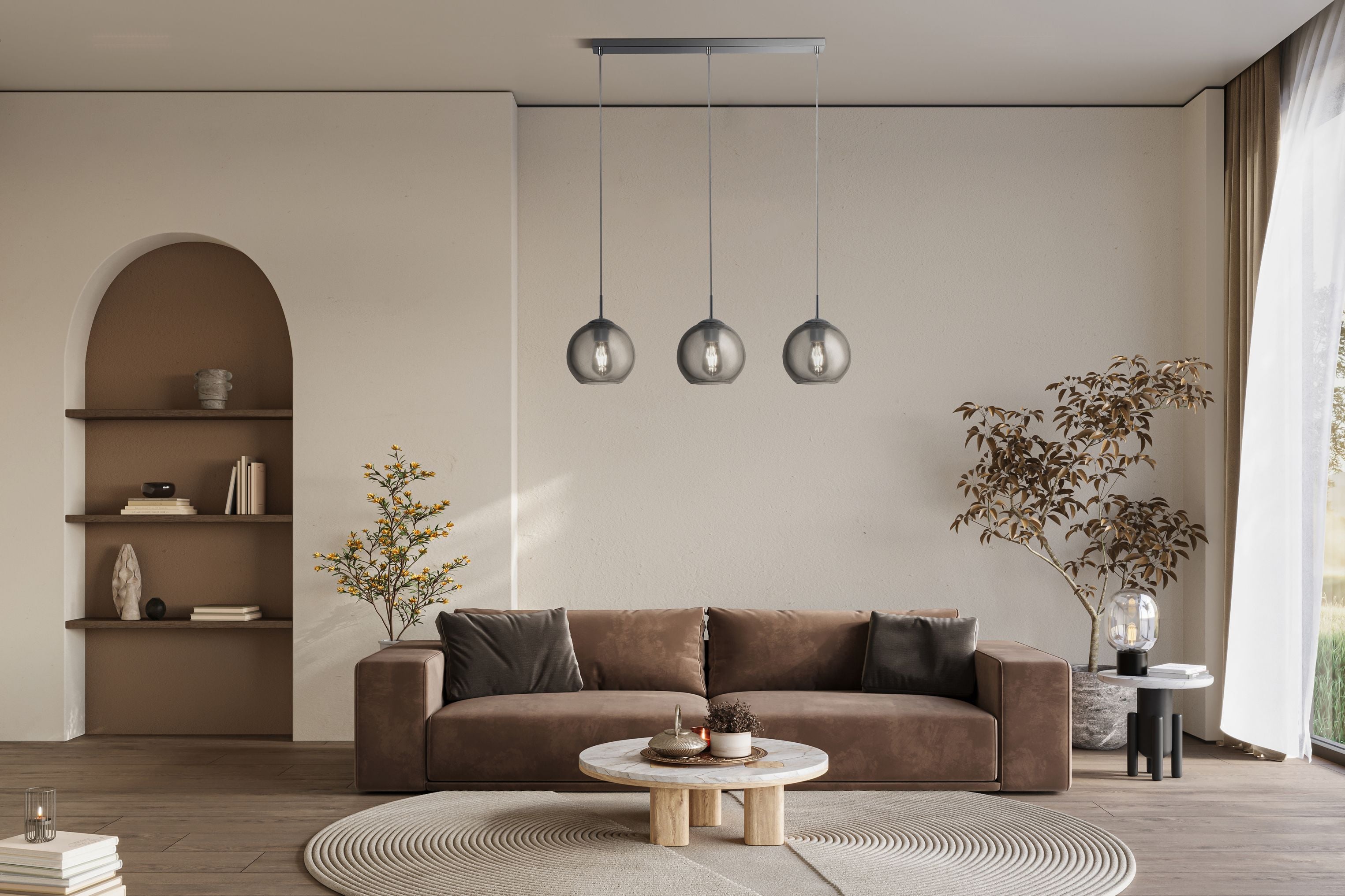 Searchlight Balls 3 Light Bar Pendant in chrome and smoked glass styled above a coffee table in a warm toned living room with an arched alcove shelf