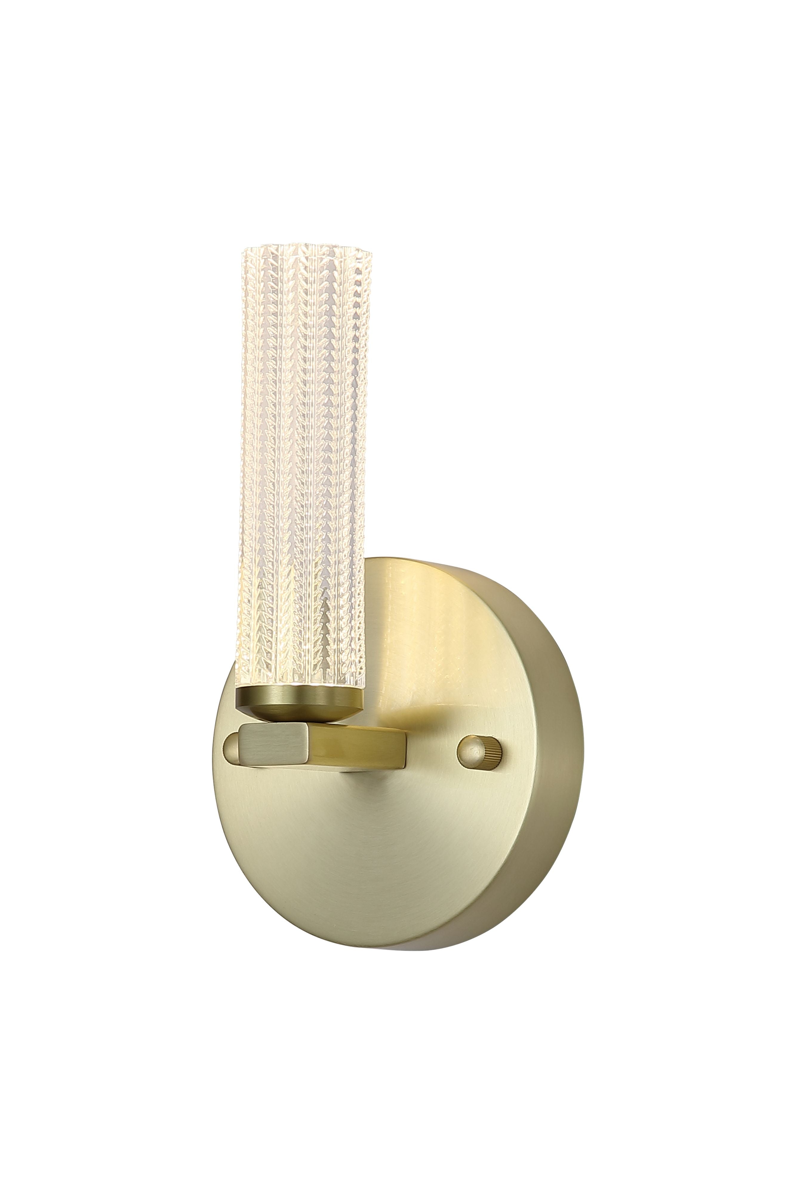 Searchlight Aberdeen LED wall light in satin brass, studio shot of the fluted acrylic diffuser lit warm white above the circular backplate