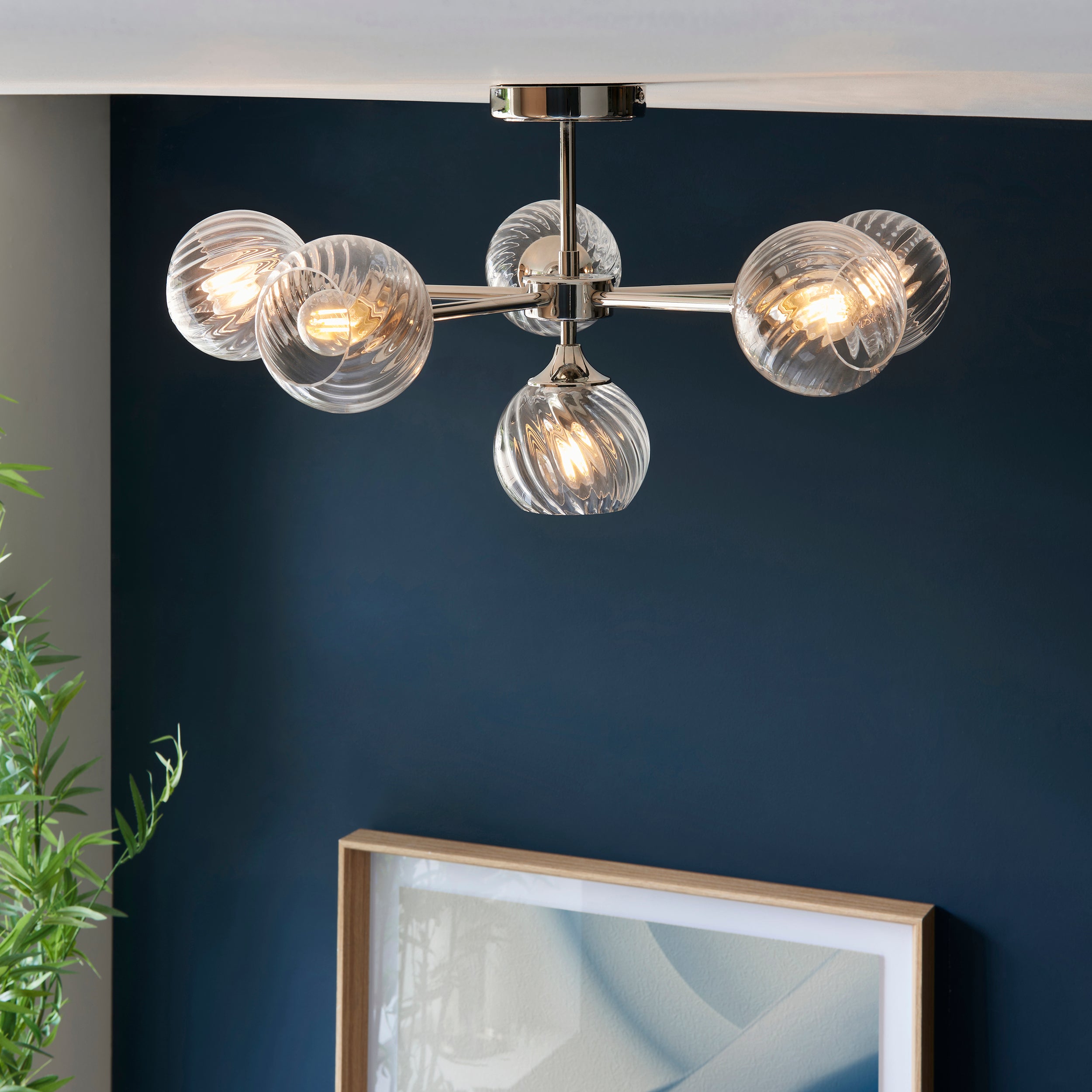 Endon Allegra 6 Light Semi-Flush Fitting - Bright Nickel Plate & Clear Spiral Glass