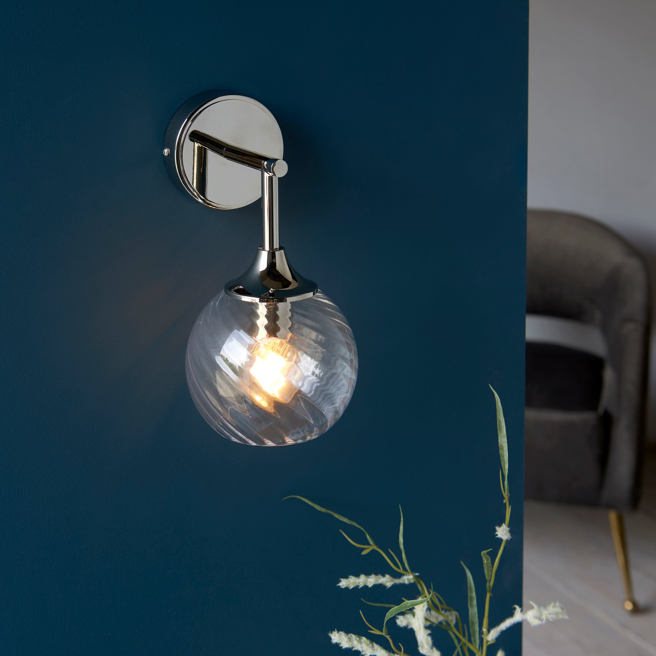 Endon Allegra Single Wall Light - Bright Nickel Plate & Clear Spiral Glass