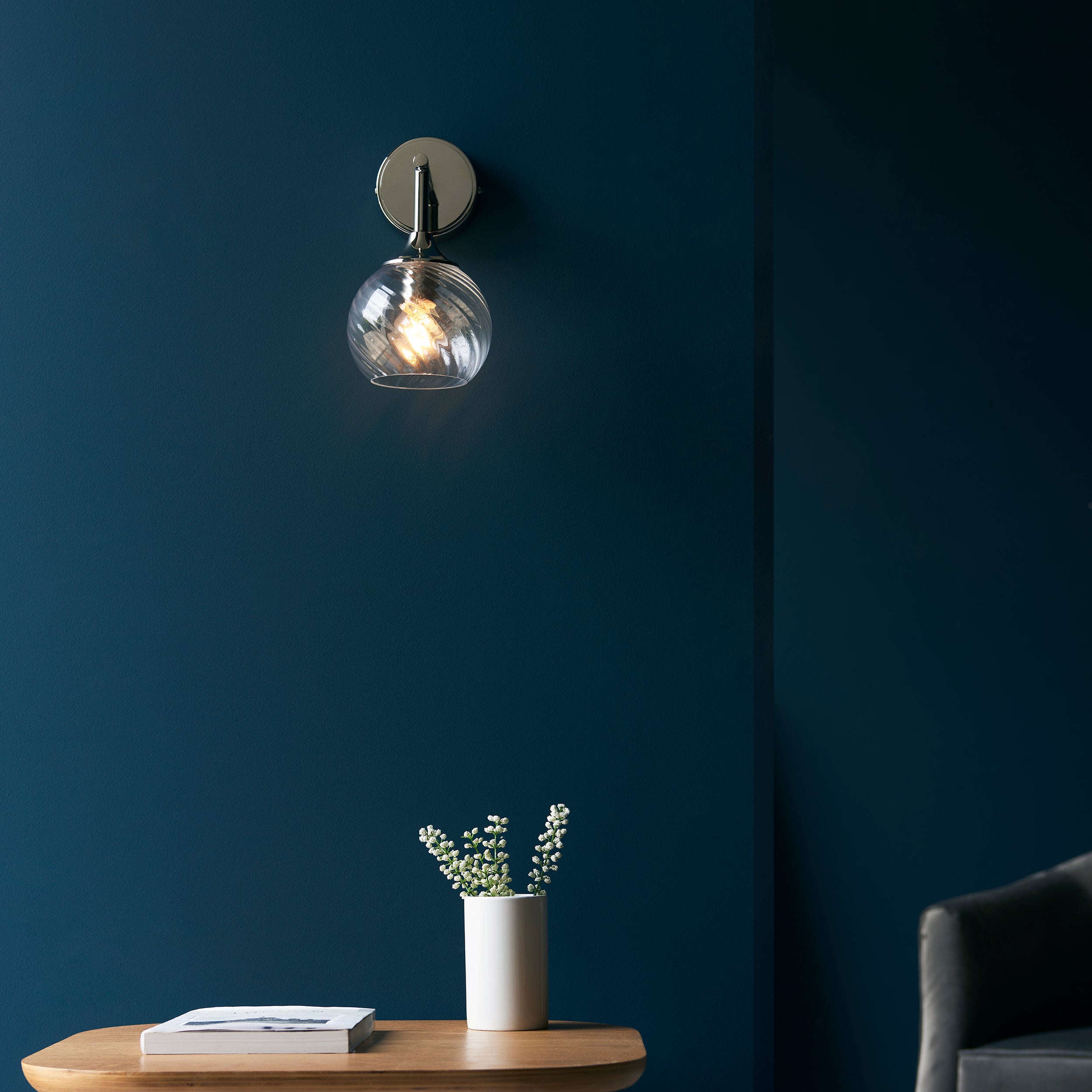 Endon Allegra Single Wall Light - Bright Nickel Plate & Clear Spiral Glass