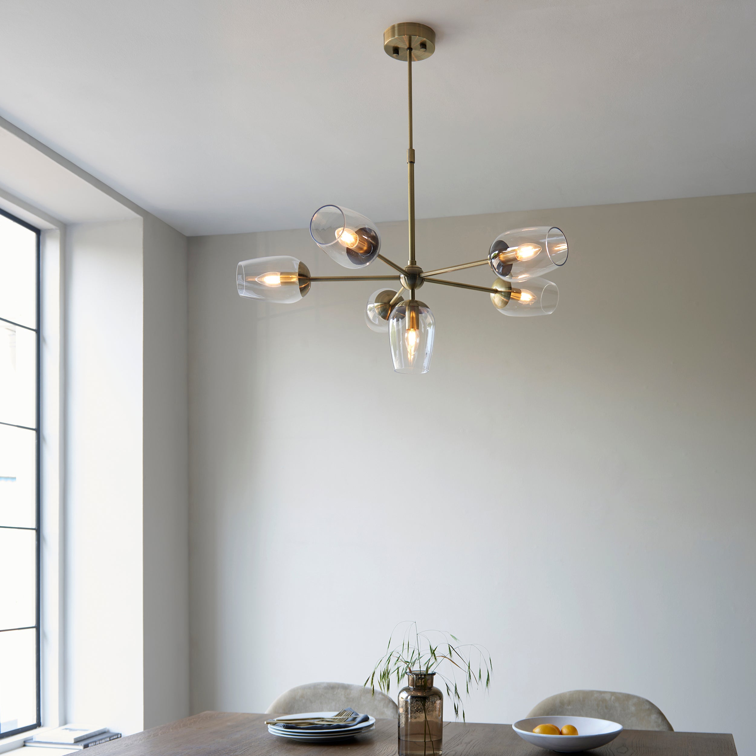 Endon Walton 6 Light Adjustable Pendant - Antique Brass Plate & Clear Glass