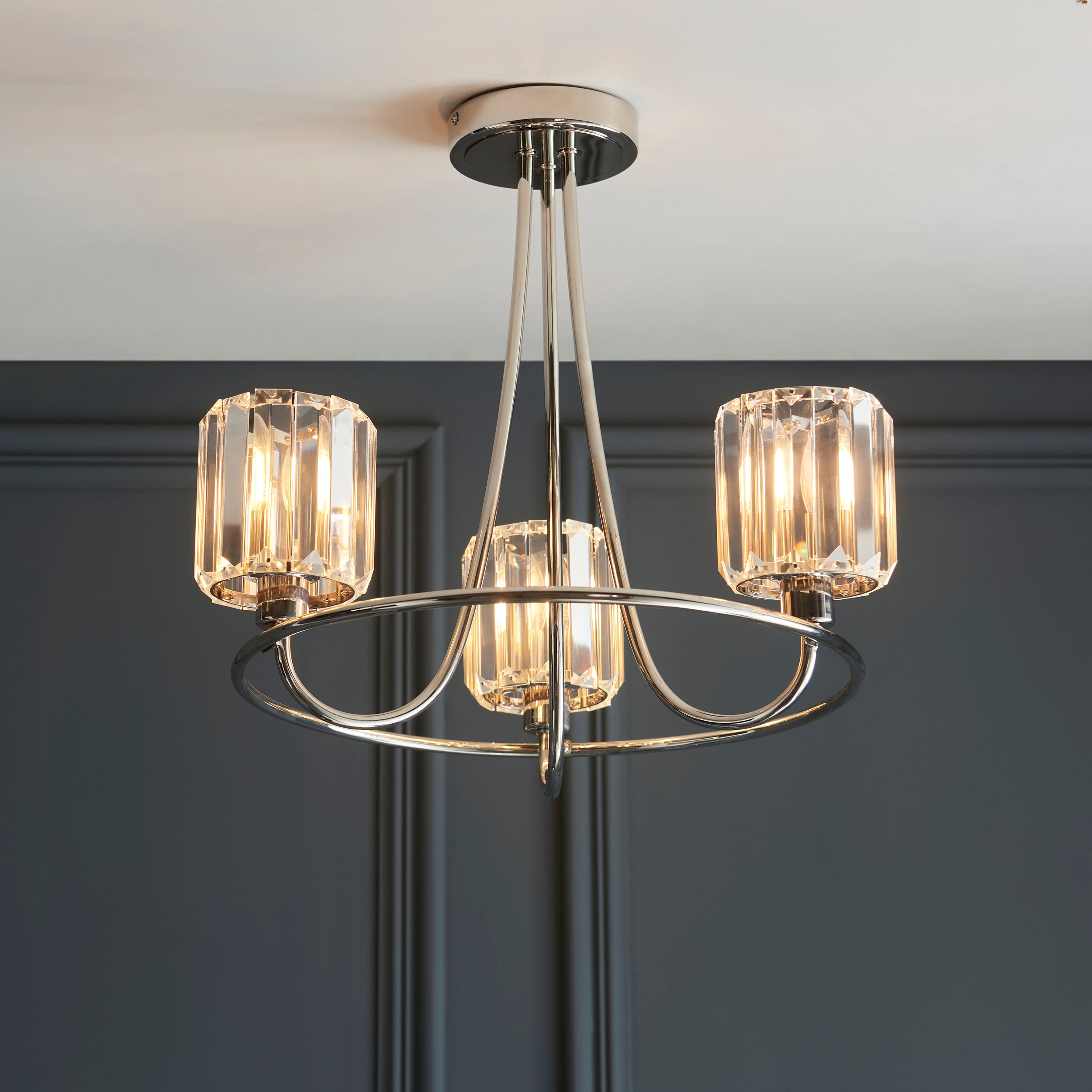 Endon Berenice 3 Light Semi-Flush Fitting - Bright Nickel Plate & Clear Glass