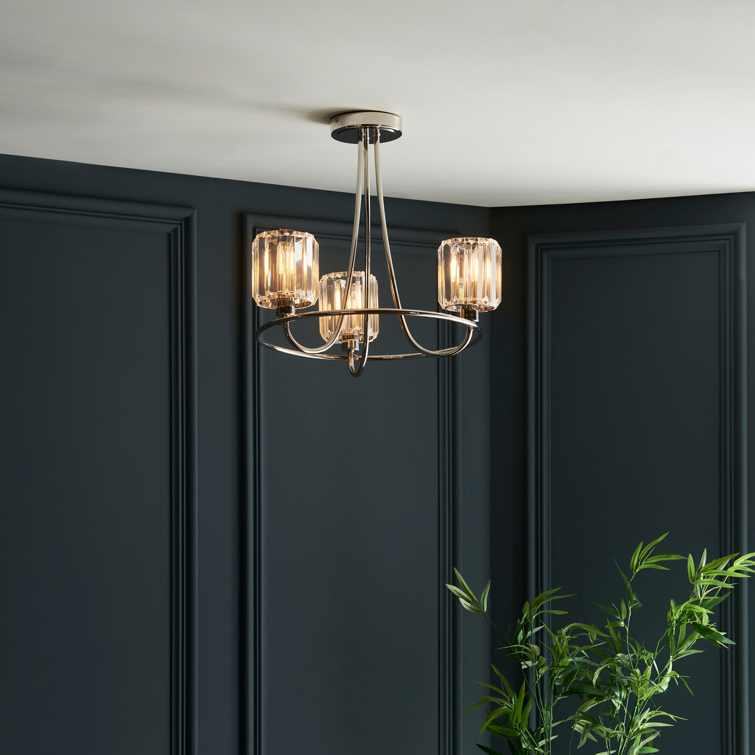Endon Berenice 3 Light Semi-Flush Fitting - Bright Nickel Plate & Clear Glass