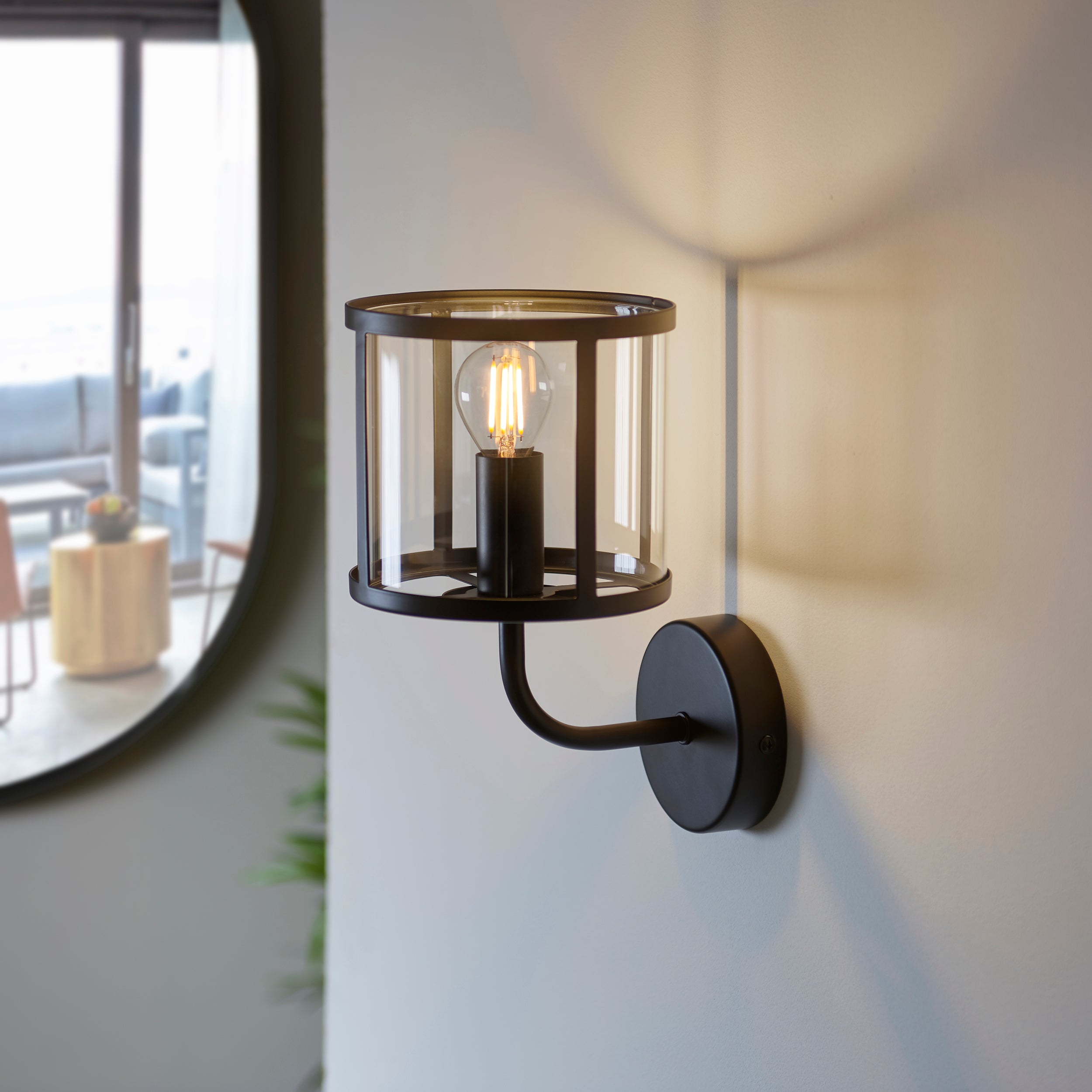 Endon Hopton Single Wall Light - Matt Black & Clear Glass