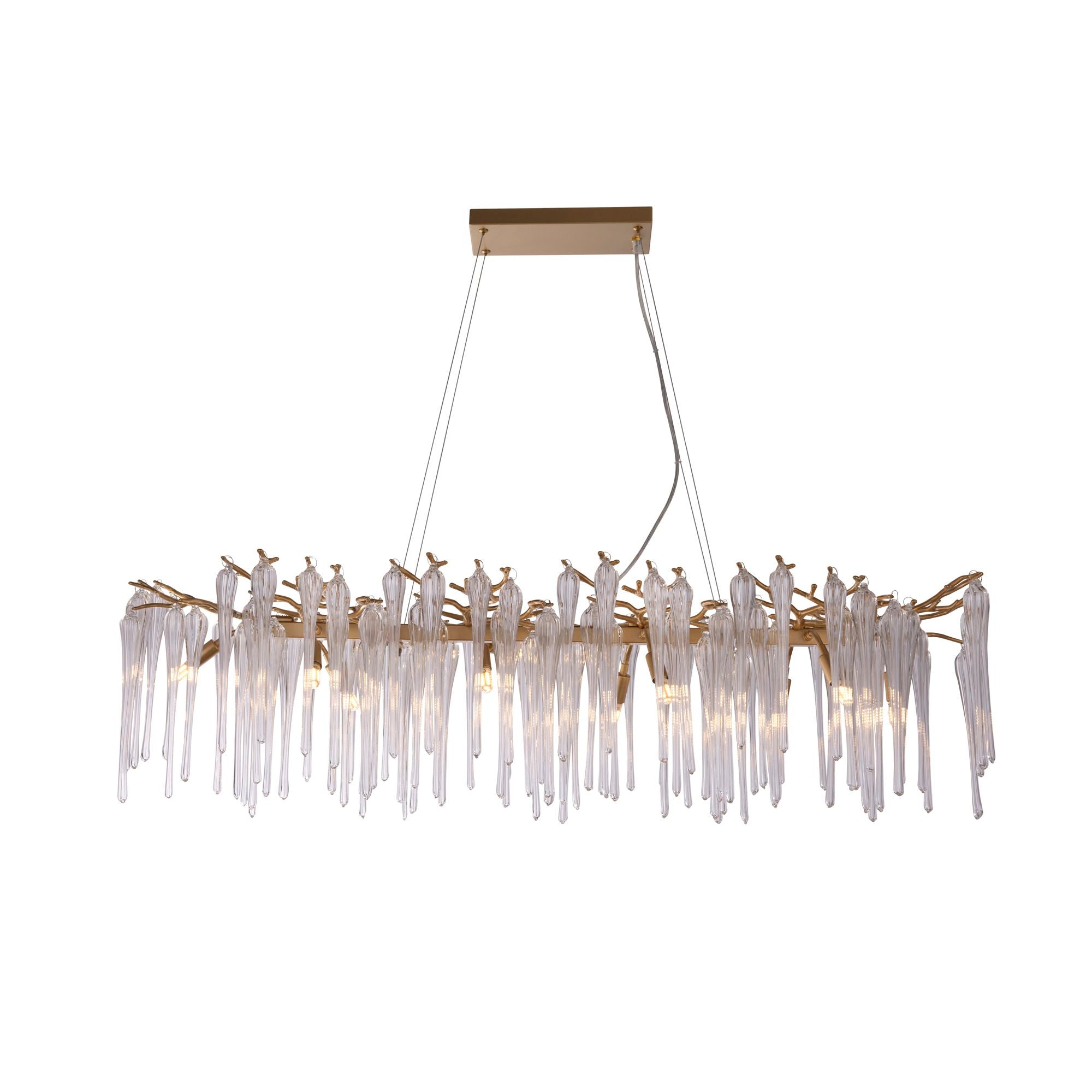 Searchlight Heritage 10 light diner bar pendant in gold with clear glass droplets, full width studio shot on a white background, lit