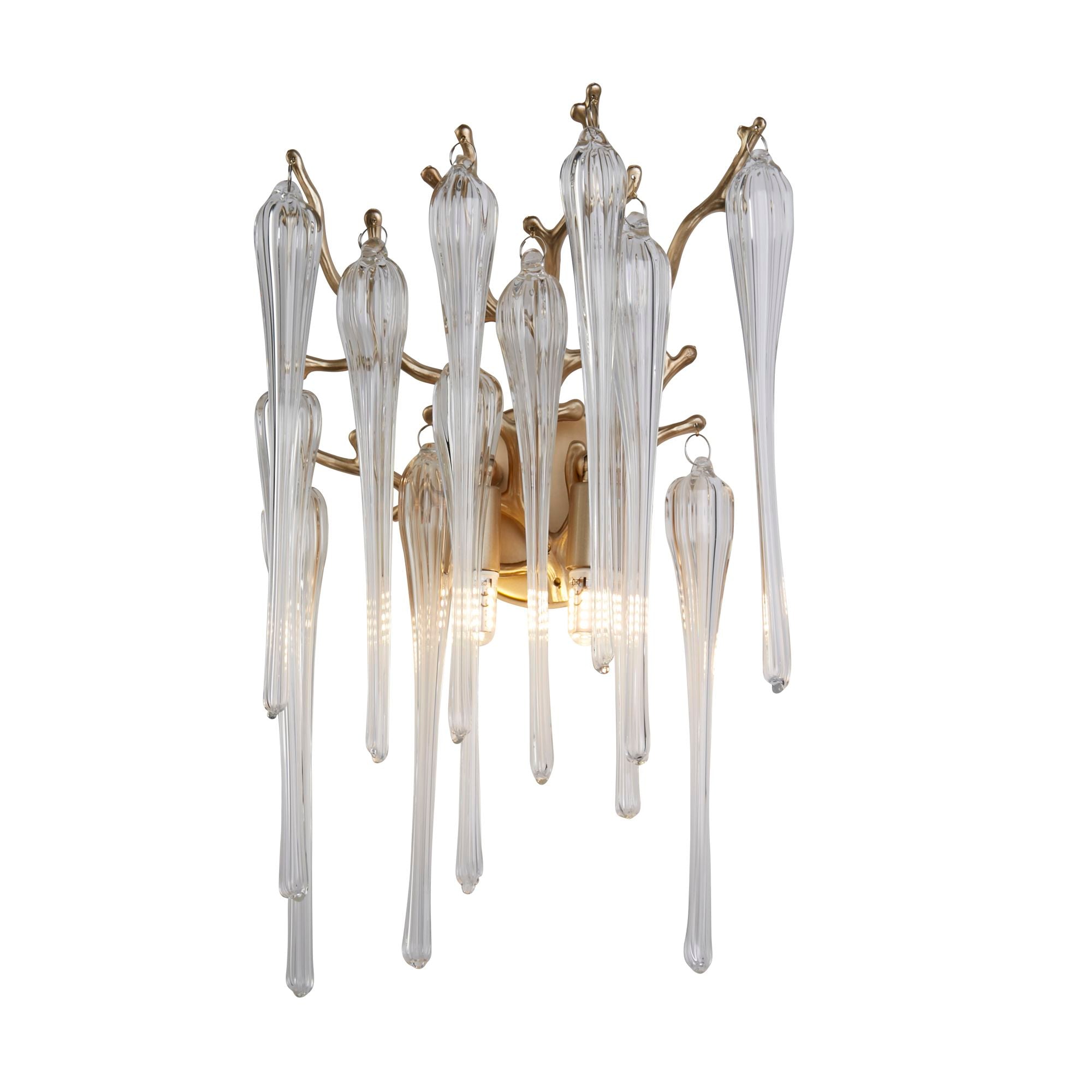 Searchlight Heritage 2 light wall light in gold, front view of the cascading clear glass drops