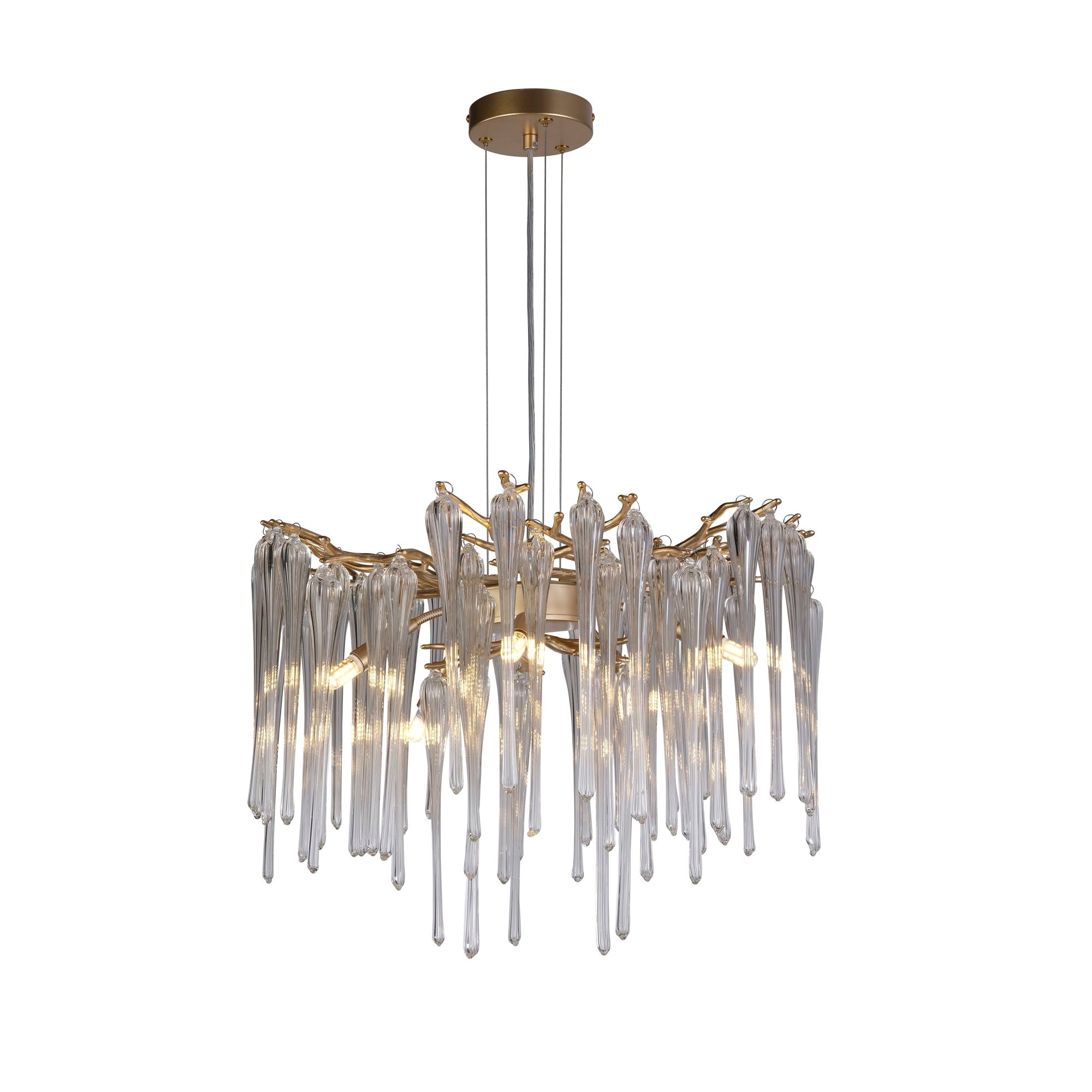 Searchlight Heritage 5 light pendant in gold, front view of the cascading clear glass drops