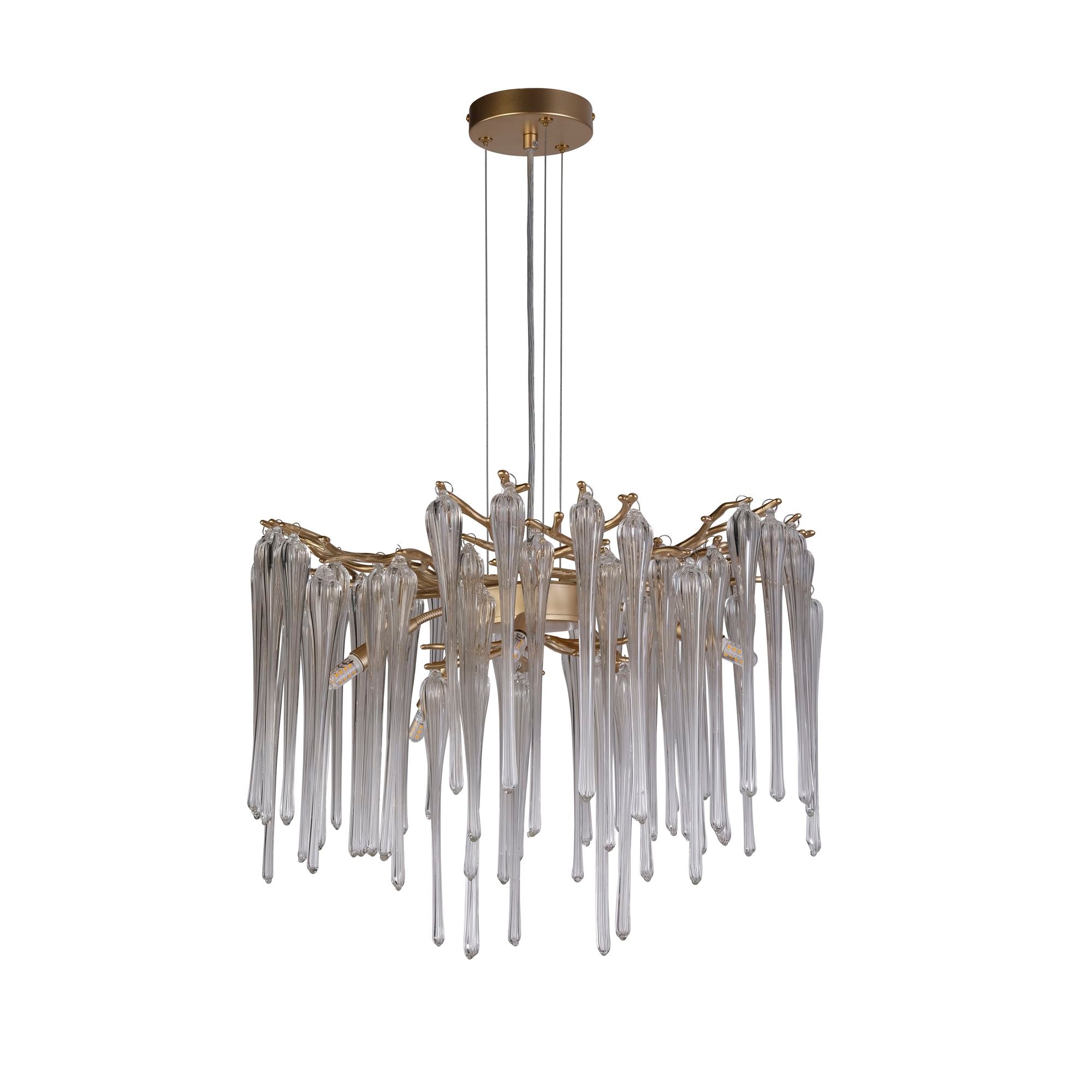 Searchlight Heritage 5 light pendant in gold, alternate angle showing the full cluster of glass drops lit