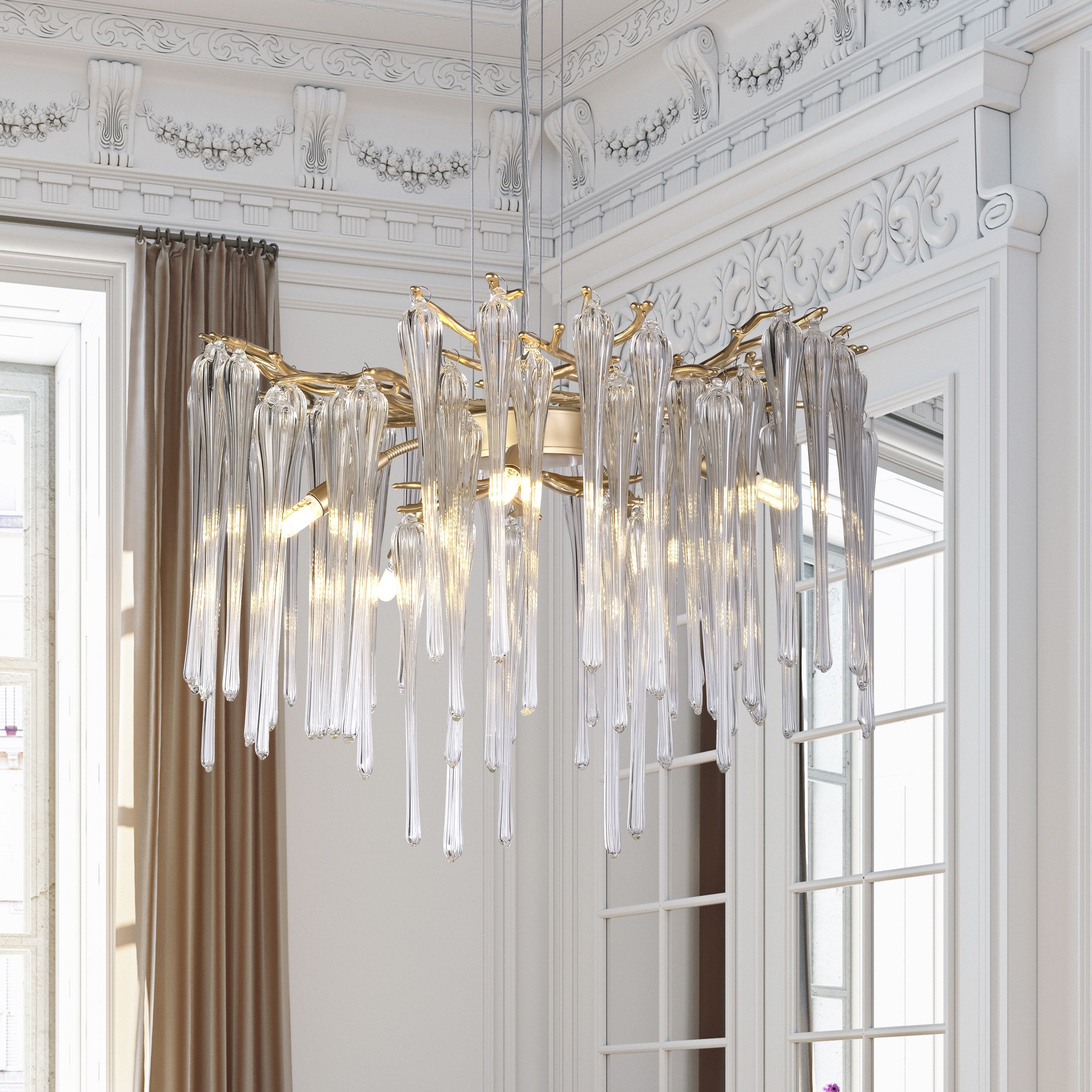 Searchlight Heritage 5 light pendant styled in a period room with ornate cornicing, lit