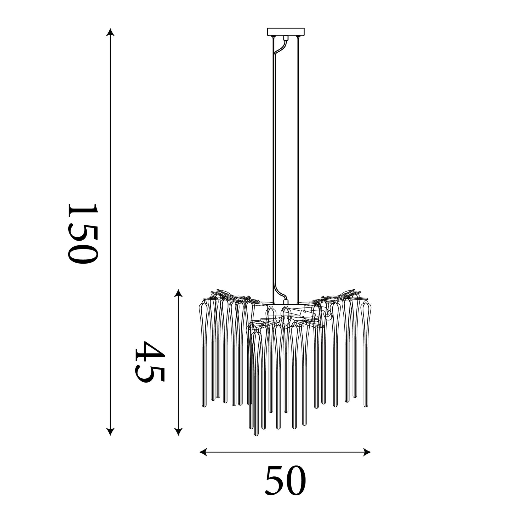 Technical line drawing of the Searchlight Heritage 5 light pendant showing 150cm total drop, 45cm shade height and 50cm width