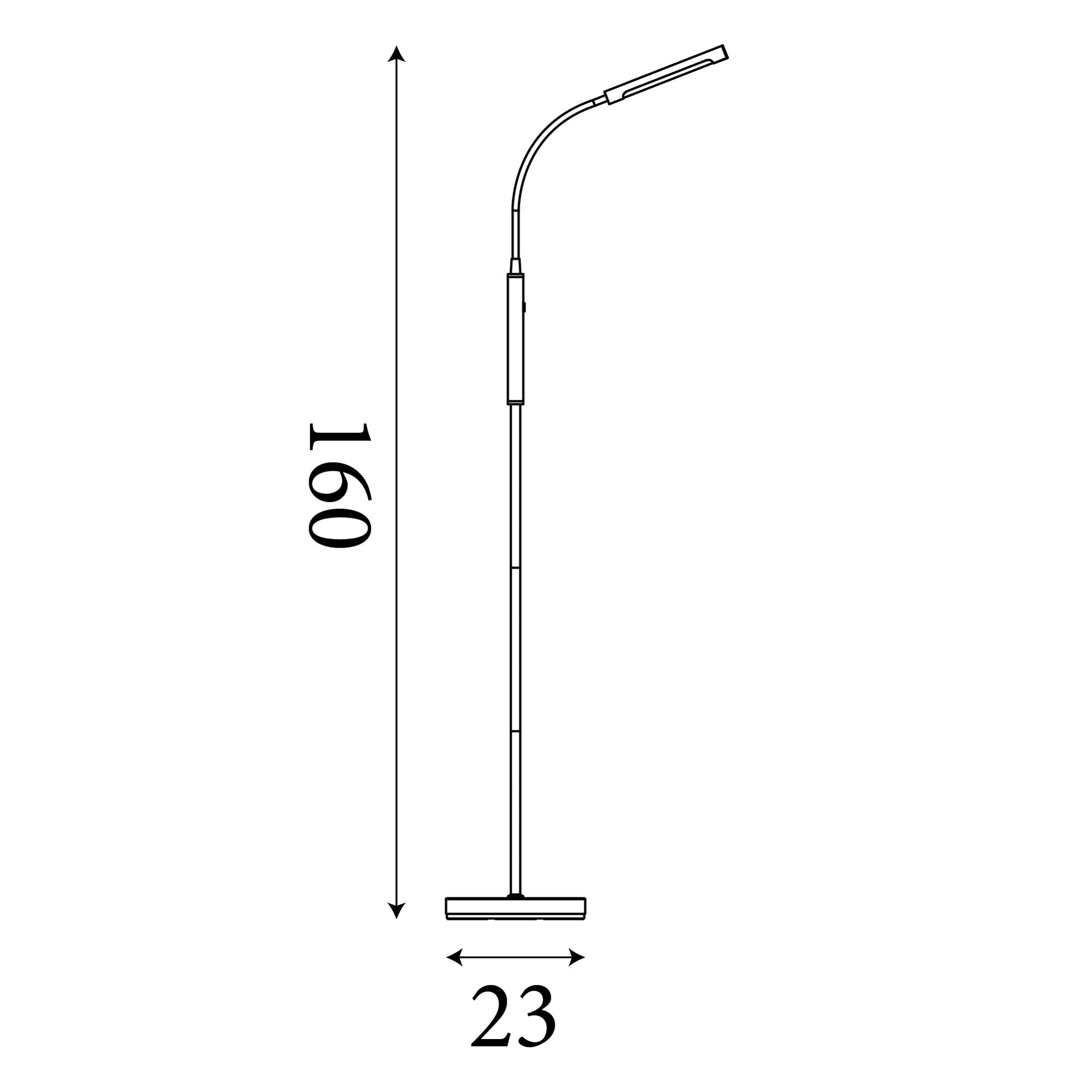 Technical line drawing of the Plume Floor Lamp showing a height of 160cm and base width of 23cm