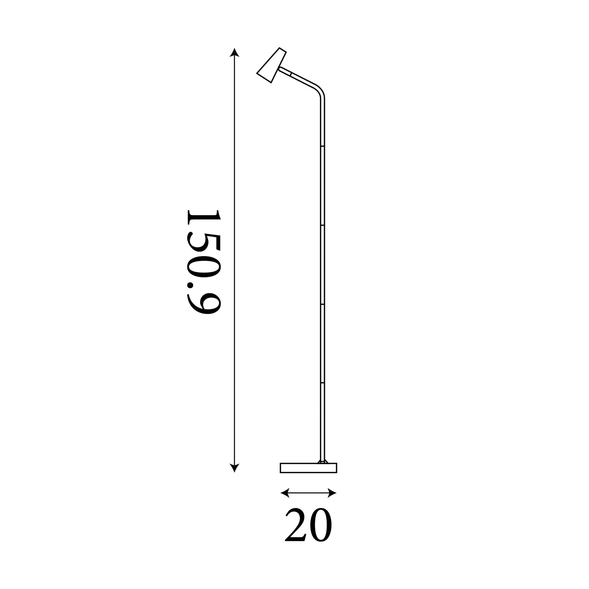 Dimension diagram of the Searchlight Rechargeable Floor Lamp, 150.9cm high and 20cm wide
