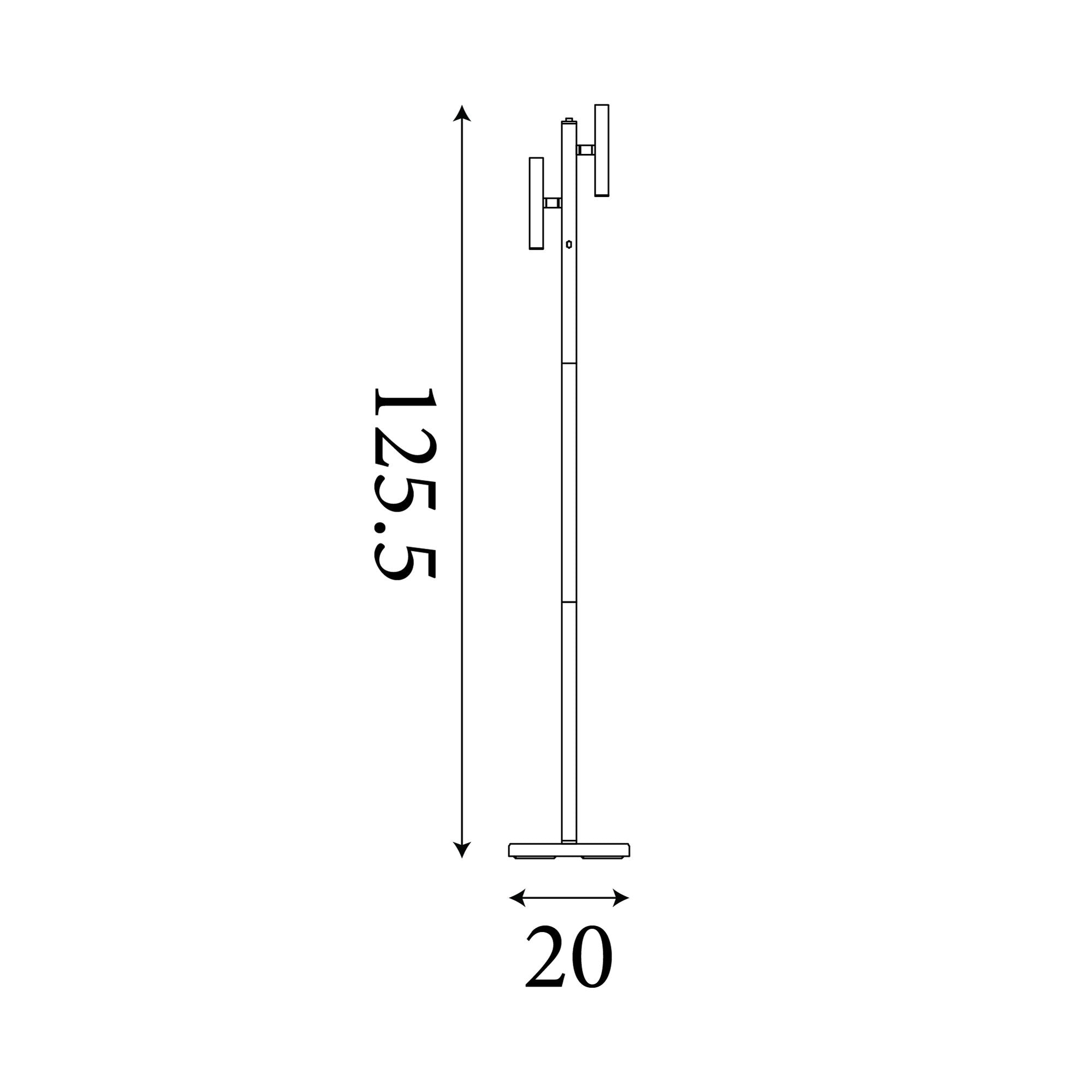 Dimension diagram of the Searchlight Rechargeable 2 Light Floor Lamp, 125.5cm high and 20cm wide