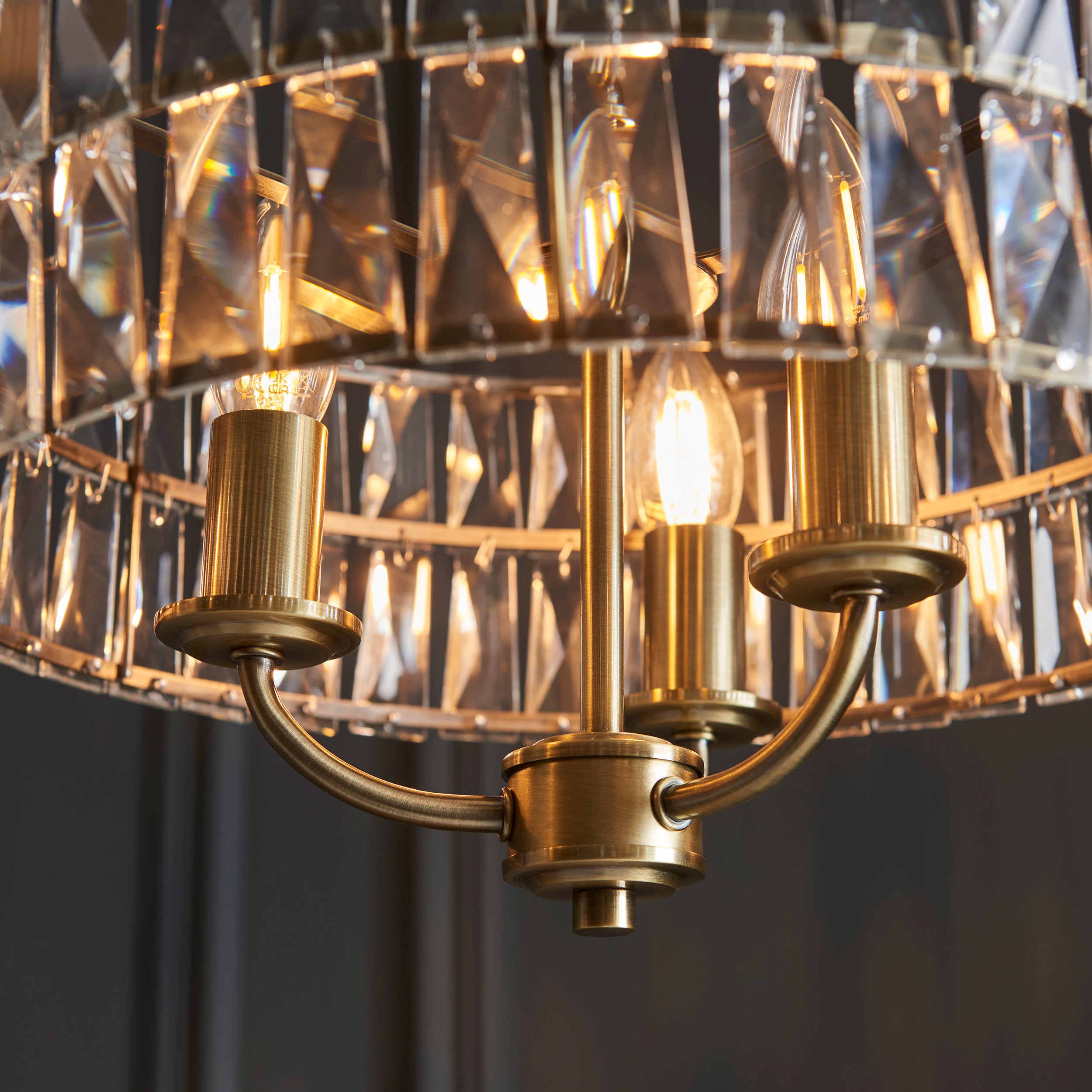 Endon Clifton 3 Light Pendant - Antique Brass Plate & Clear Crystal Glass