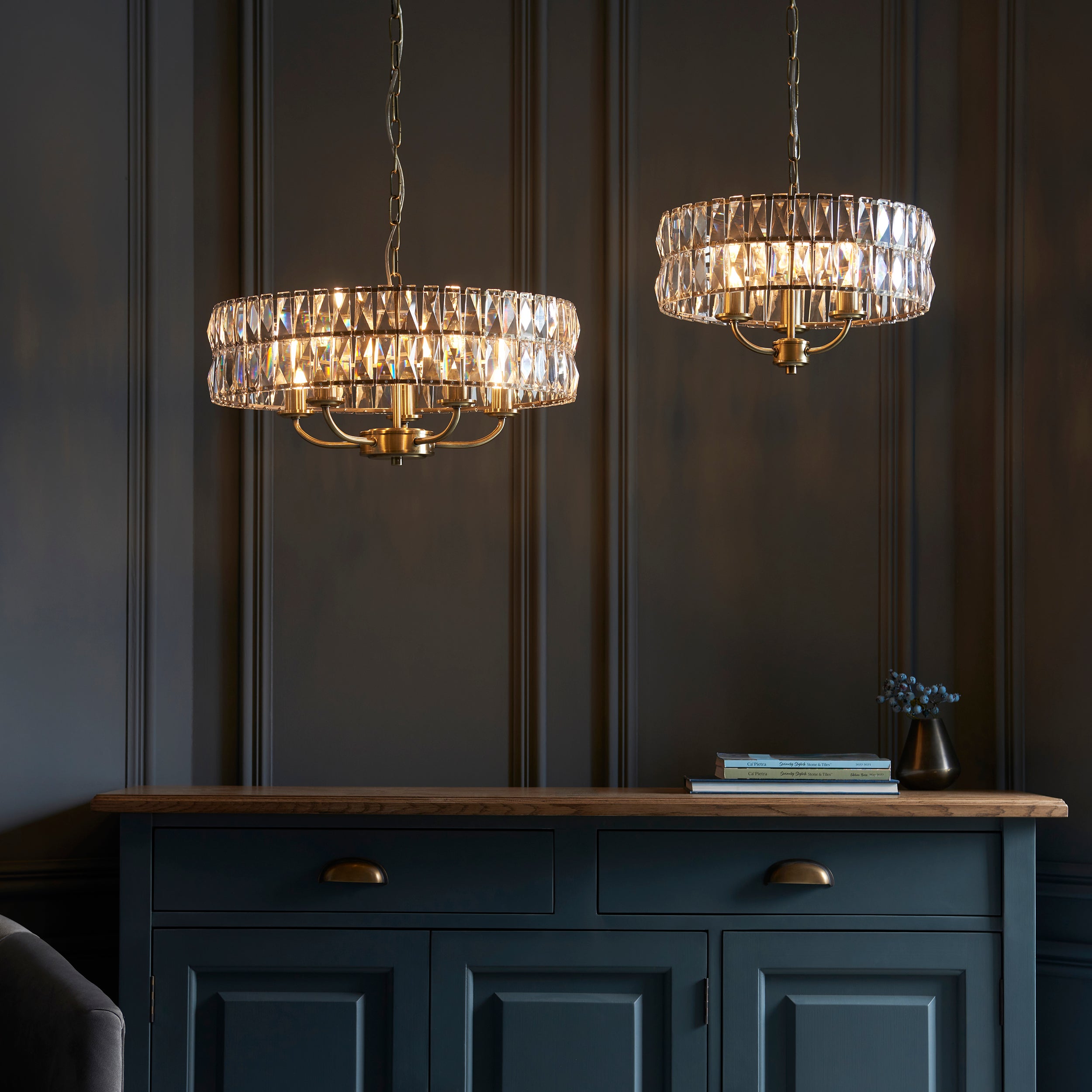 Endon Clifton 3 Light Pendant - Antique Brass Plate & Clear Crystal Glass