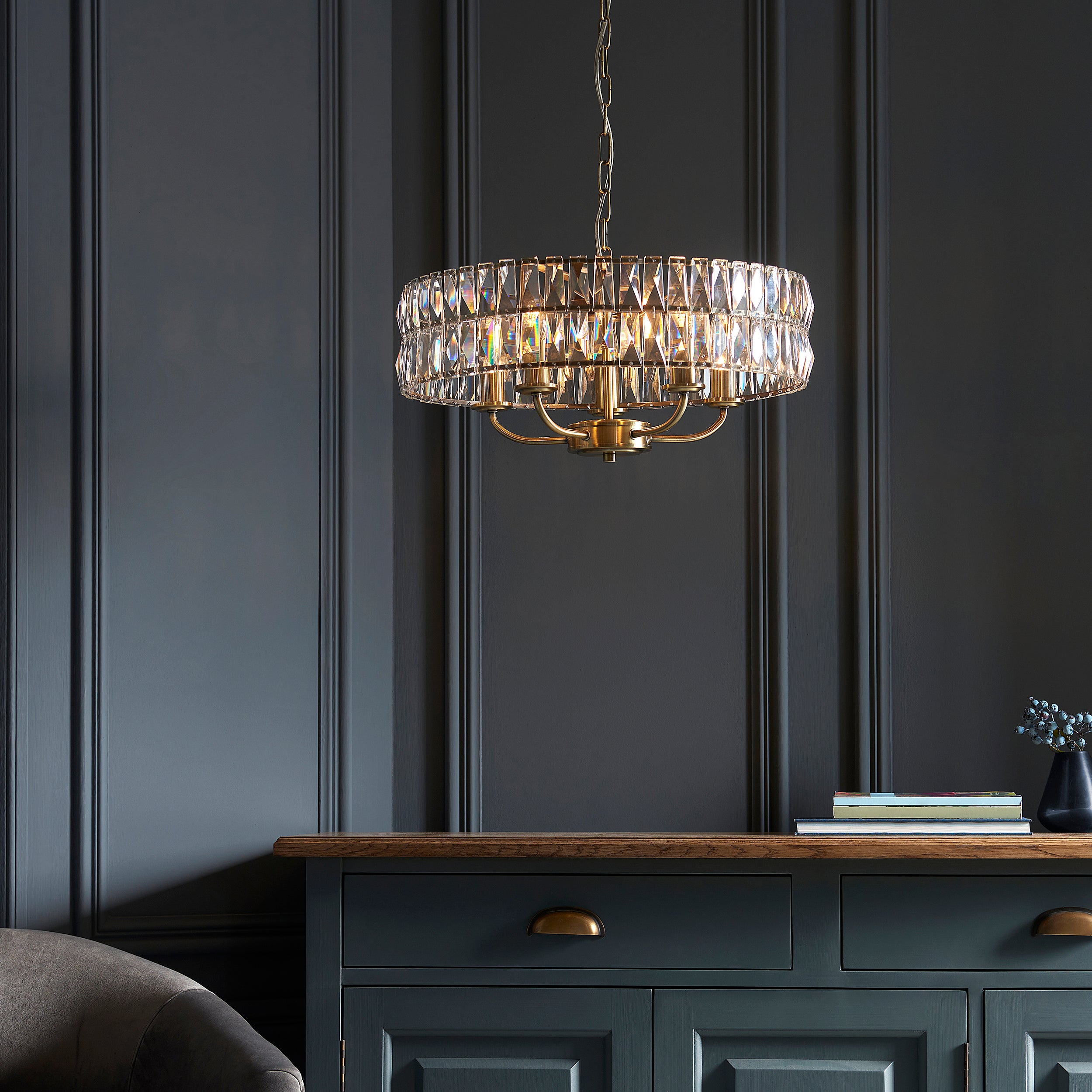 Endon Clifton 5 Light Pendant - Antique Brass Plate & Clear Crystal Glass