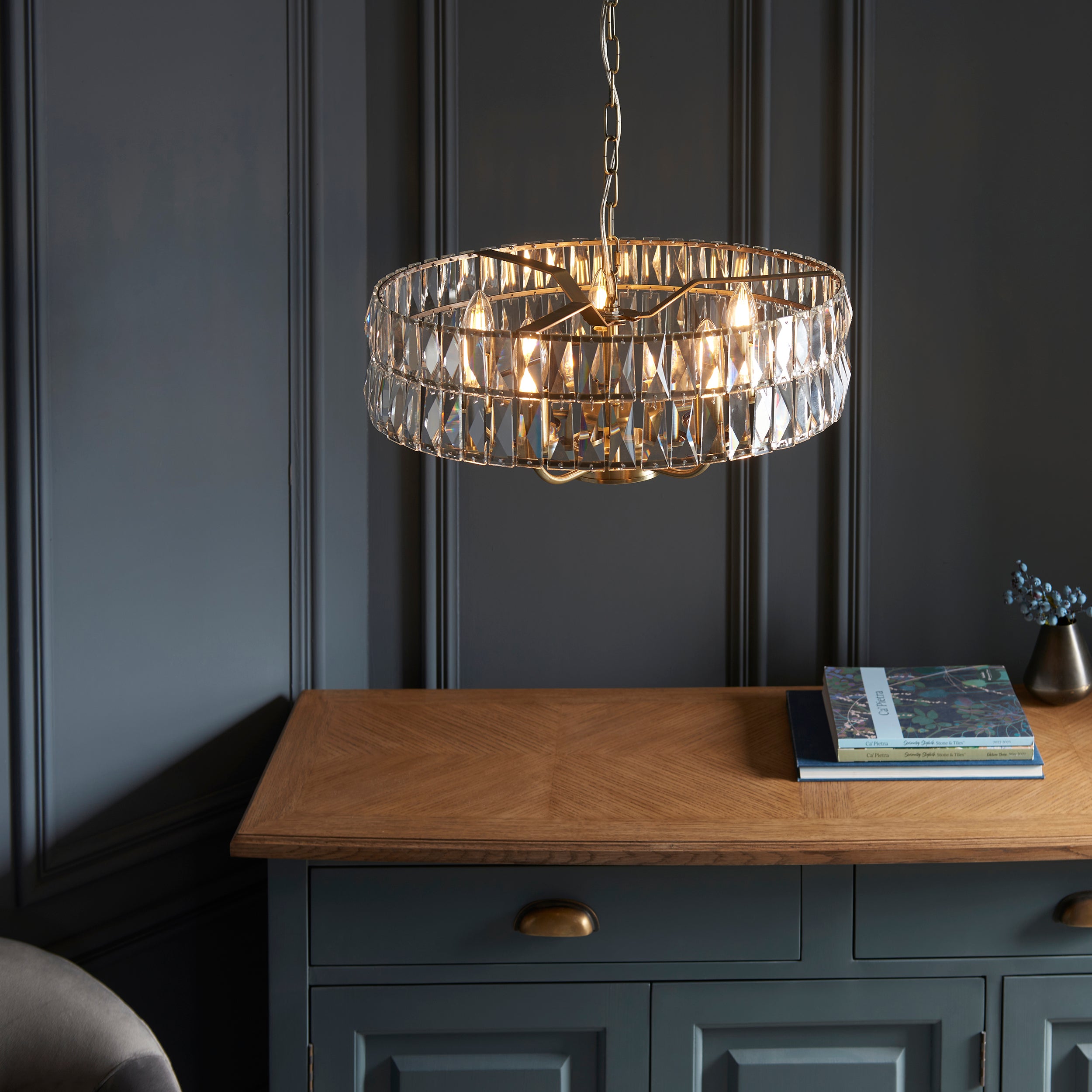 Endon Clifton 5 Light Pendant - Antique Brass Plate & Clear Crystal Glass