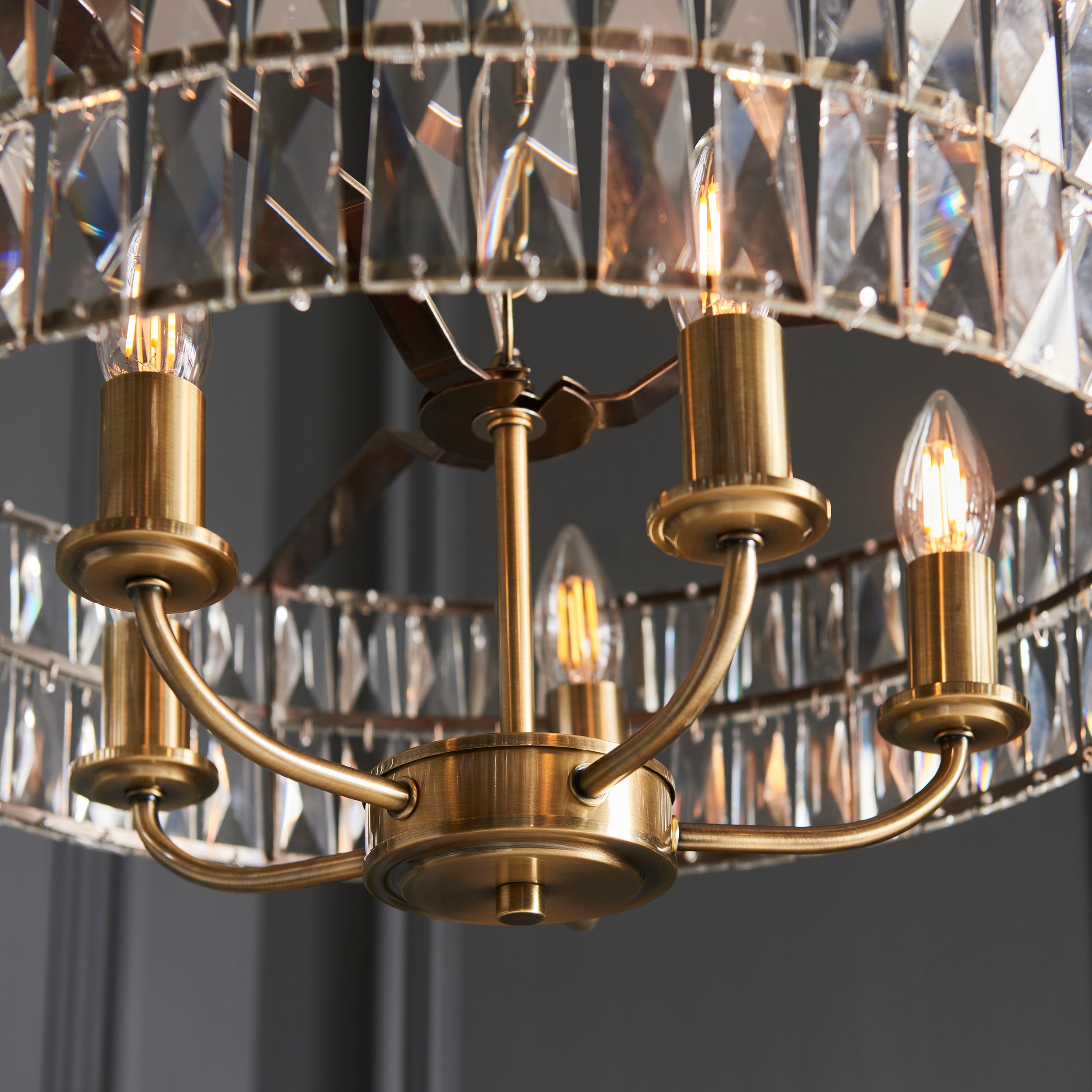 Endon Clifton 5 Light Pendant - Antique Brass Plate & Clear Crystal Glass